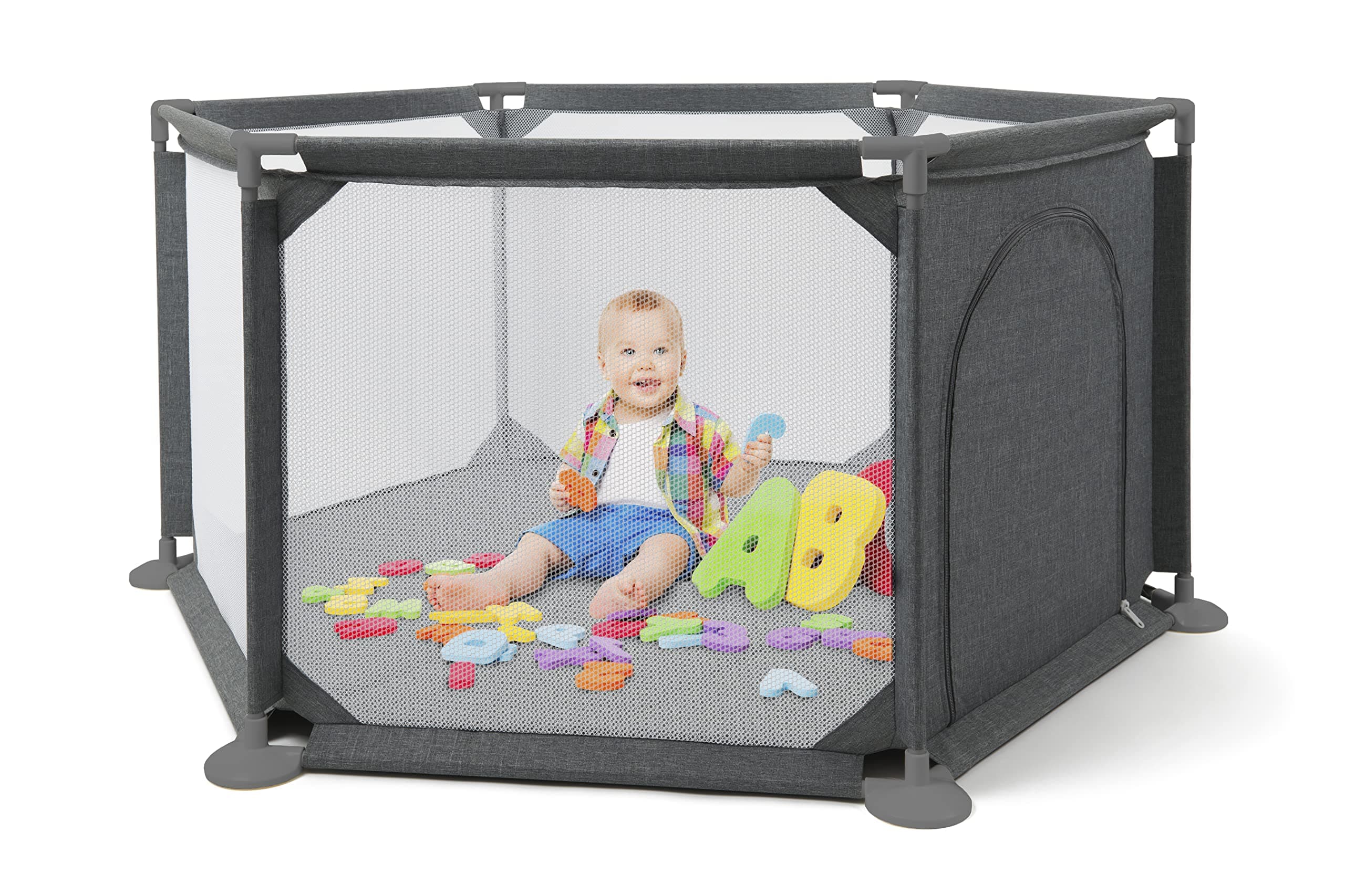 Safe and Secure Playpen, Suitable for Toddlers, with Zip up Door and Breathable mesh Dark Grey