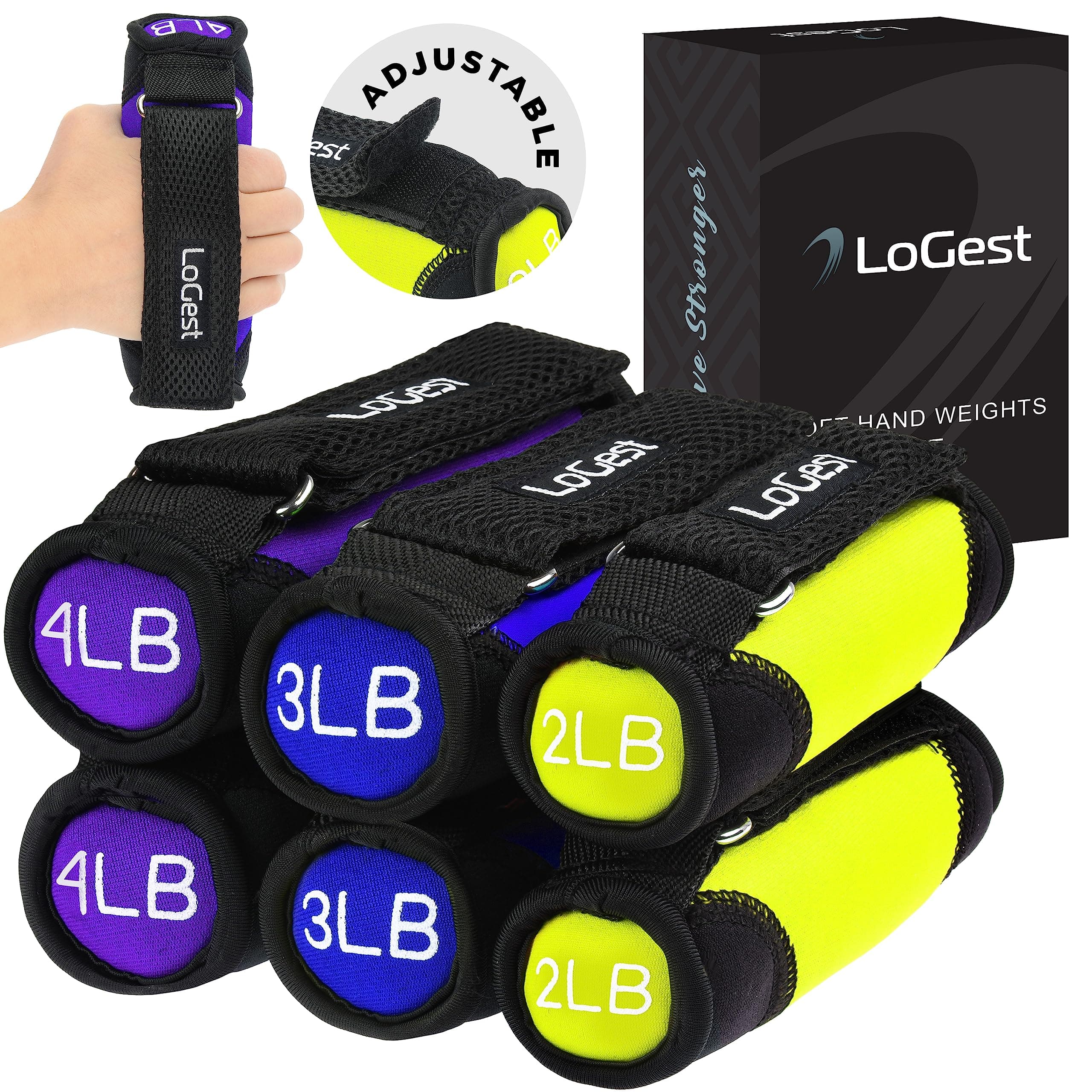 Logest Soft Hand Weights - Adjustable Neoprene Dumbbells (1LB, 2LB, 3LB, 4LB) - Red, Yellow, Blue, Purple - Velcro Straps - Weight Training, Walking, Jogging, Aerobics, Yoga