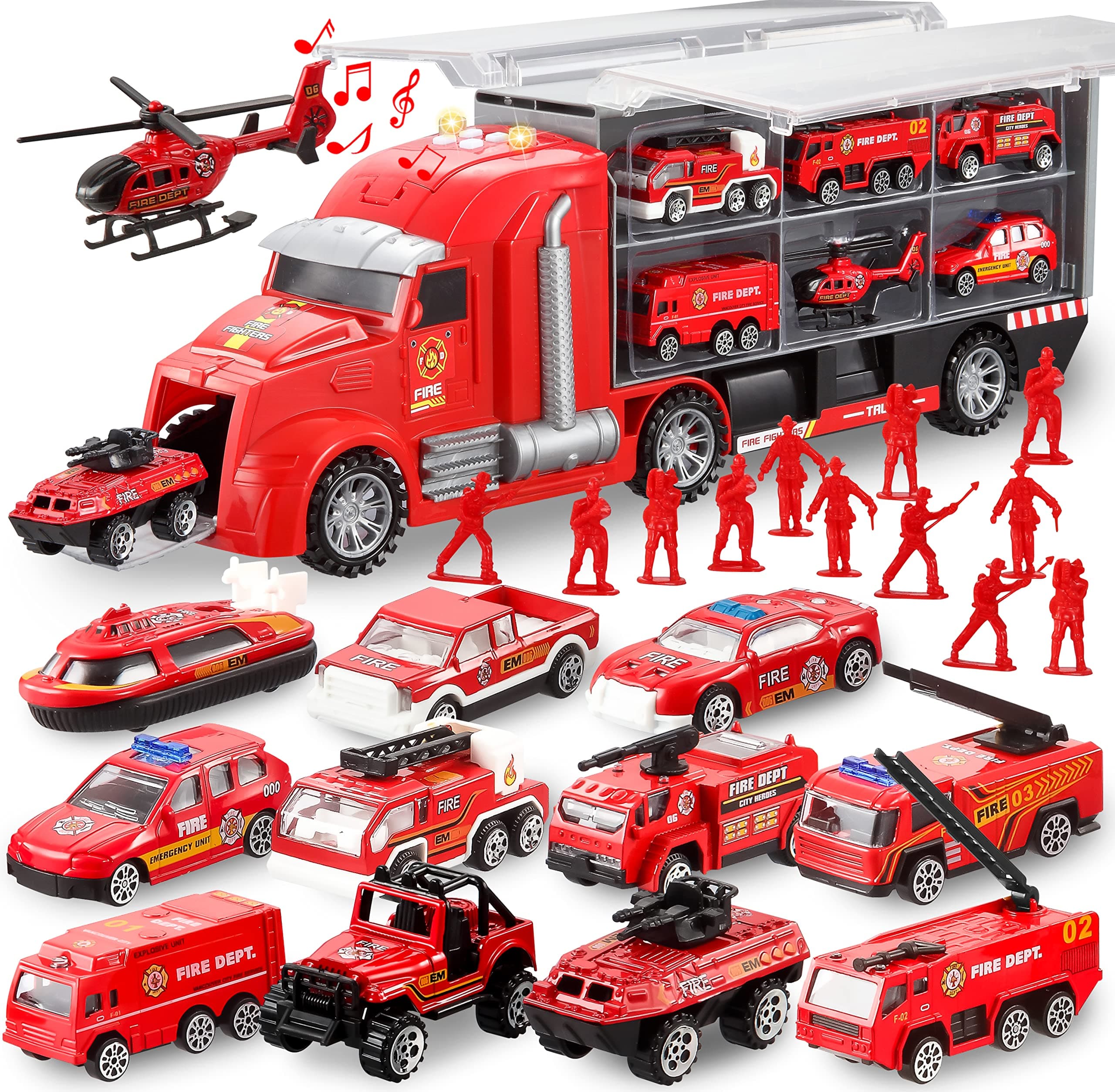 Joyin 25 In 1 Die-Cast Fire Truck Vehicle Toy Set With Sounds And Lights, Engine Vehicles Carrier Truck, Mini Rescue Emergency Car Toy, Birthday Gifts For Over 3 Years Old Boys