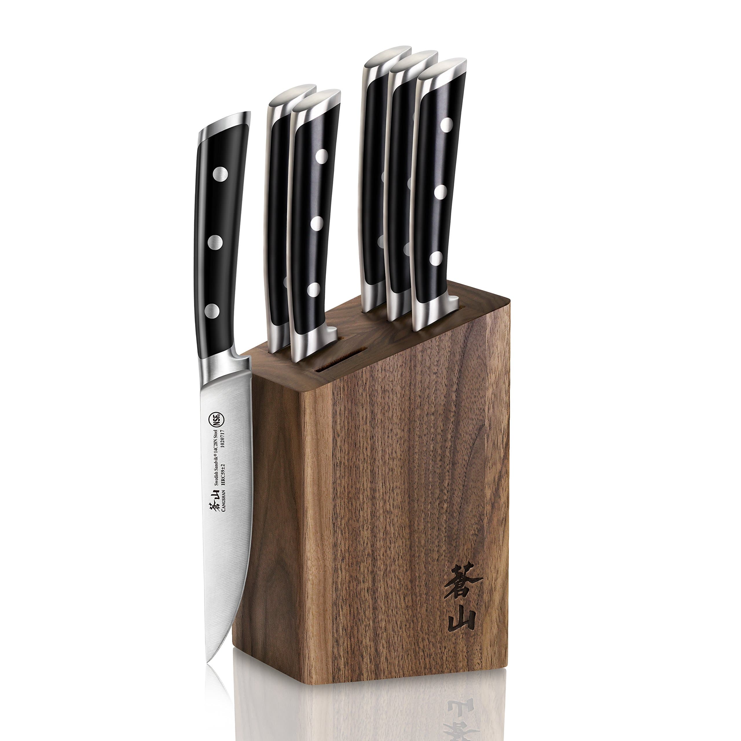 Cangshan TS Series 1022261 Swedish Sandvik 14C28N Steel Forged 6-Piece Steak Knife Block Set, Walnut
