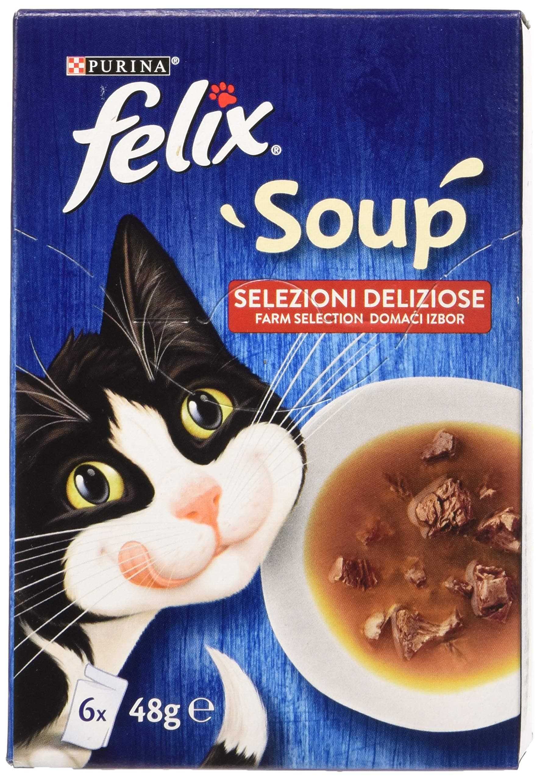 PURINA FELIX Delicious Selections Cat Soup with Beef, Chicken, Lamb - 48 bags of 48g each (8 packs of 6x48g)