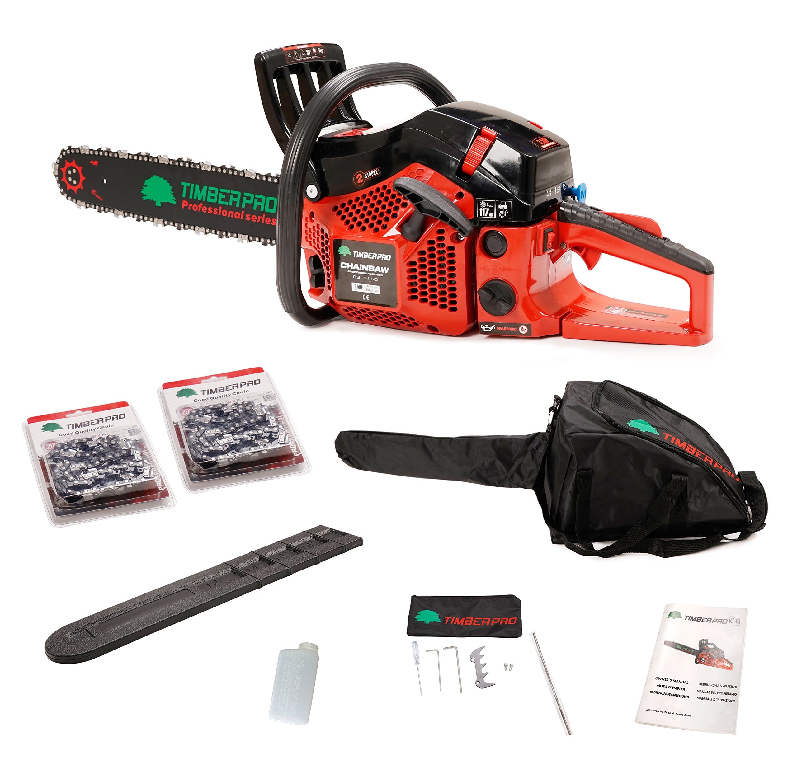 TIMBERPRO Professional Series 62cc Petrol Chainsaw with 20" Bar and 2 Chains, Full Kit with 2 Year Warranty.