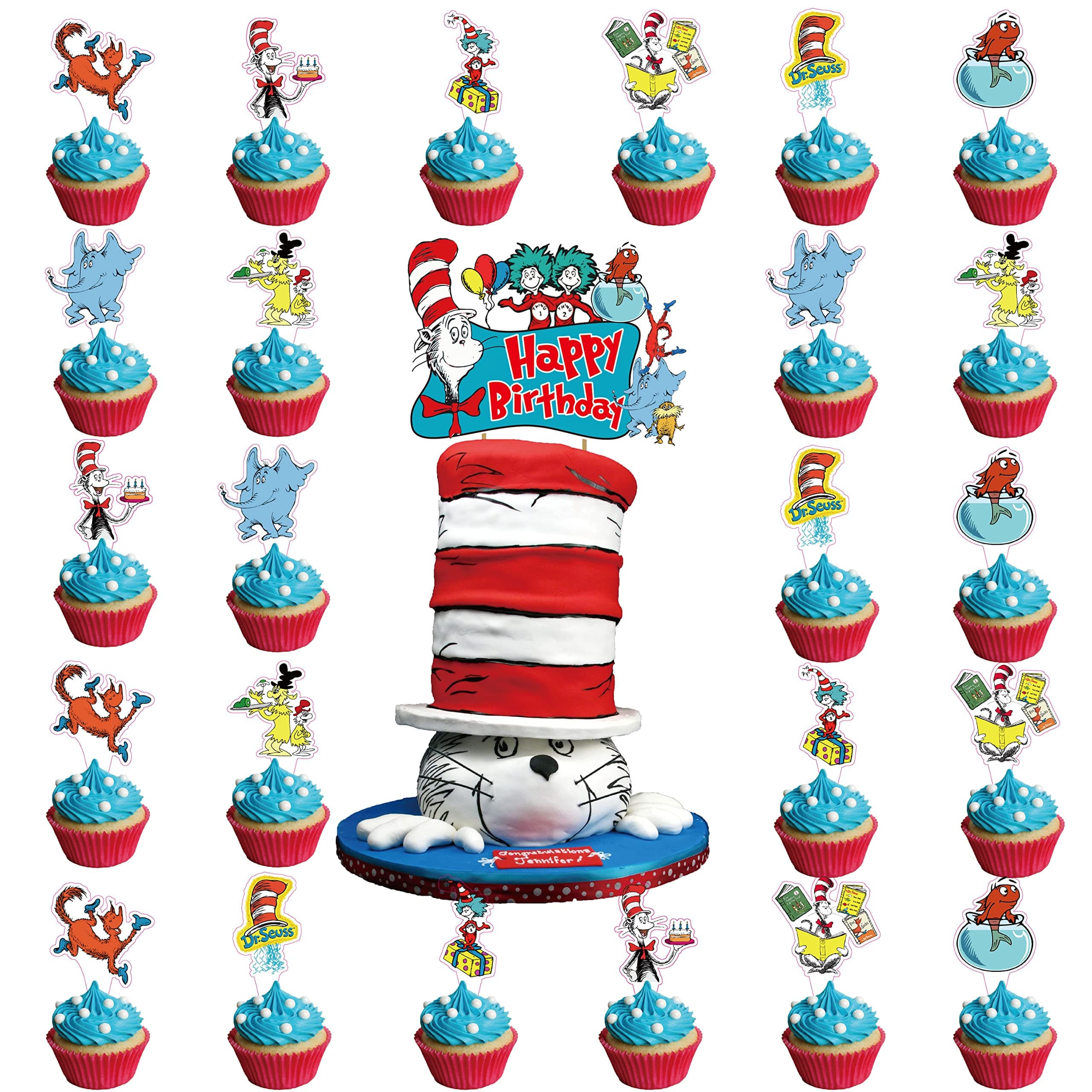 25Pcs Dr Seuss Cake Topper Decorations Cupcake Toppers Dr Seuss Happy Birthday Party Supplies for Kids Party Favor