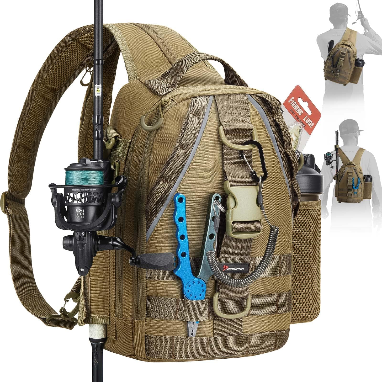Piscifun Fishing Backpack with Rod Holder, Lightweight Sling Bag Storge Gear and Equipment