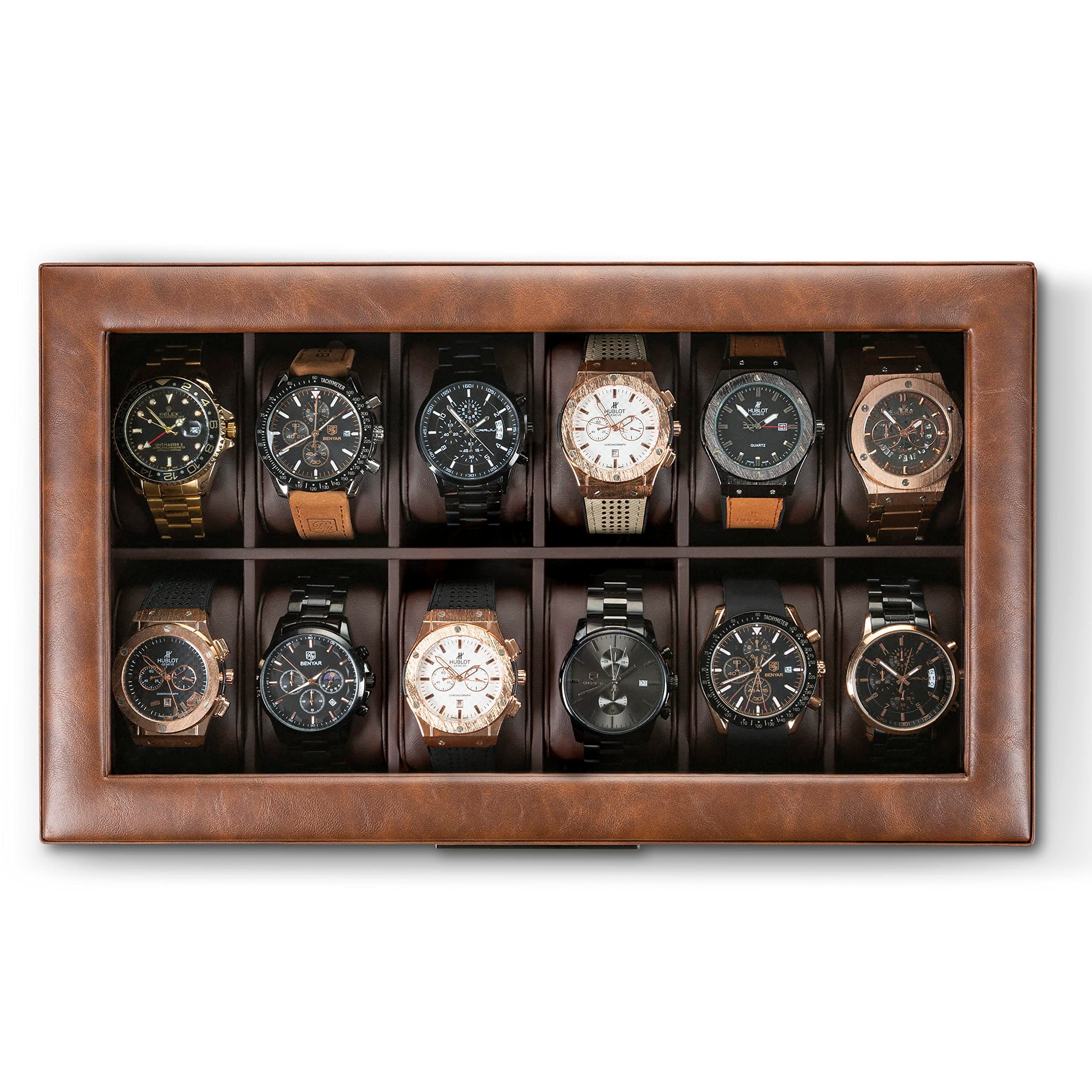 Glenor Co Watch Box for Men - 12 Slot Luxurious & Masculine Watch Case, Sturdy Hinges, Large Watch Holder, Glass Top Watch Organizer for Men - Metal Accents - PU Leather Brown
