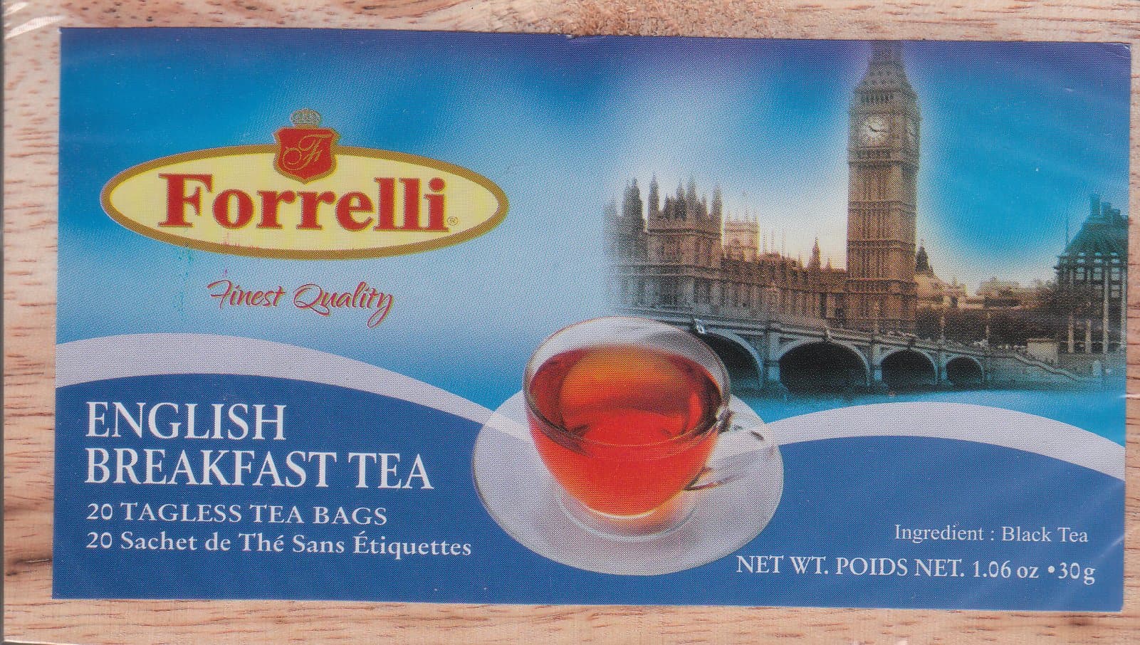 Forrelli Wooden Slide Top Box Tea - 20 Tagless Tea Bags (English Breakfast)