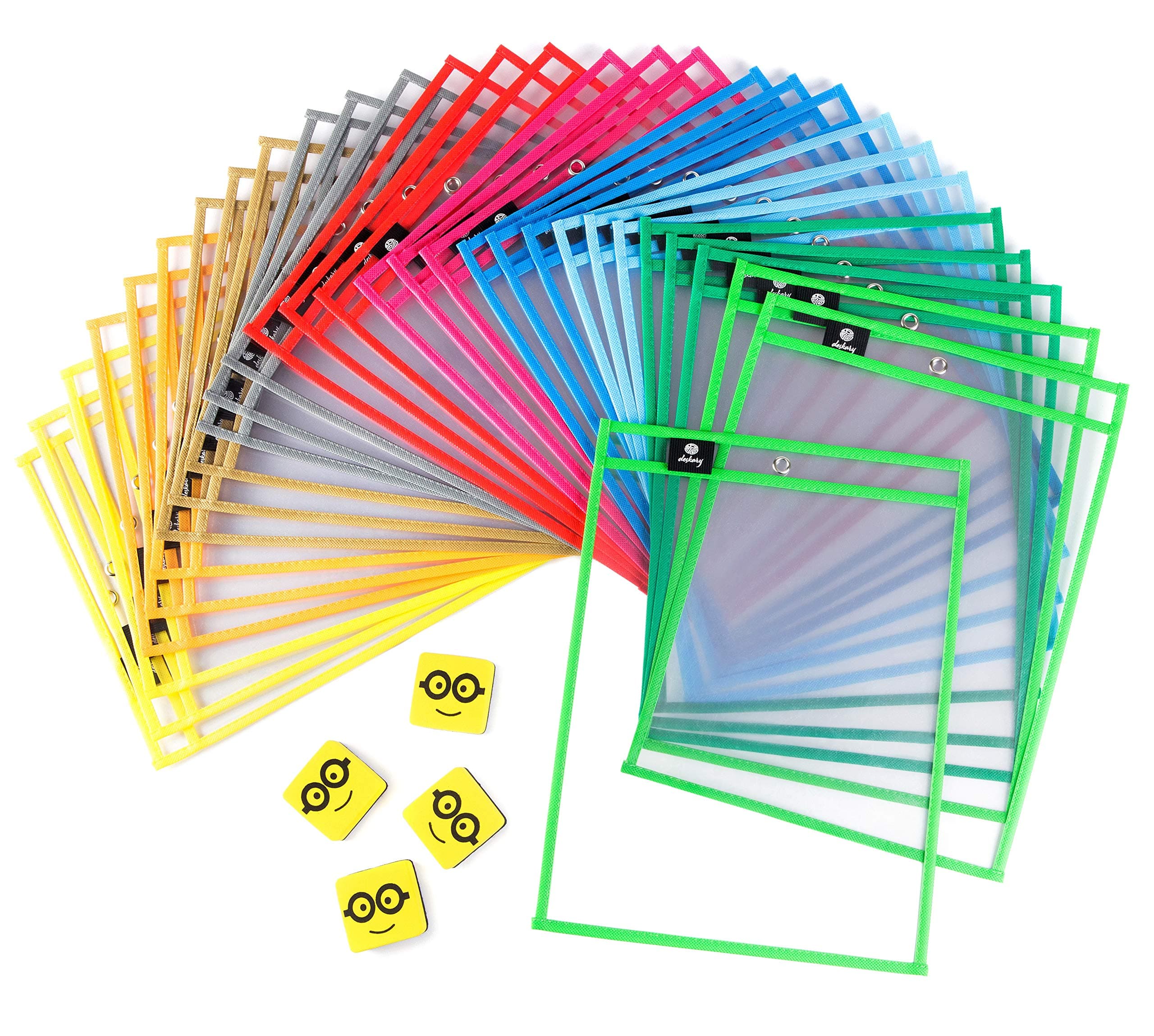 Dry Erase Pockets Reusable Sleeves - 30 Pack, Heavy Duty Oversized 10x14" Clear Plastic Sheet Paper Protectors, 10 Assorted Colors, Teacher Supplies for Classroom, School & Homeschool Organization