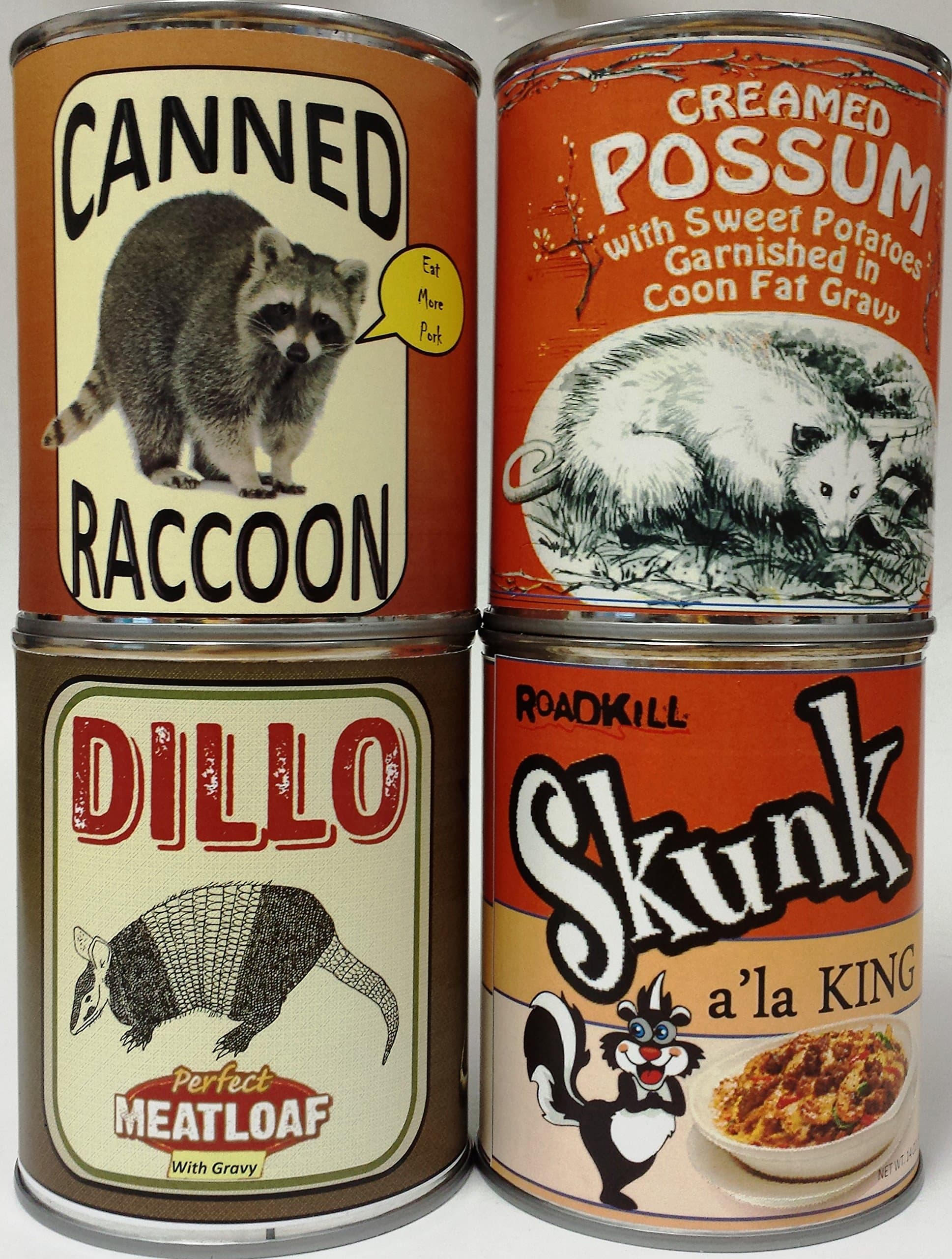 Gag Canned Meat Combo Pack II: Creamed Possum, Raccoon, Dillo and Skunk