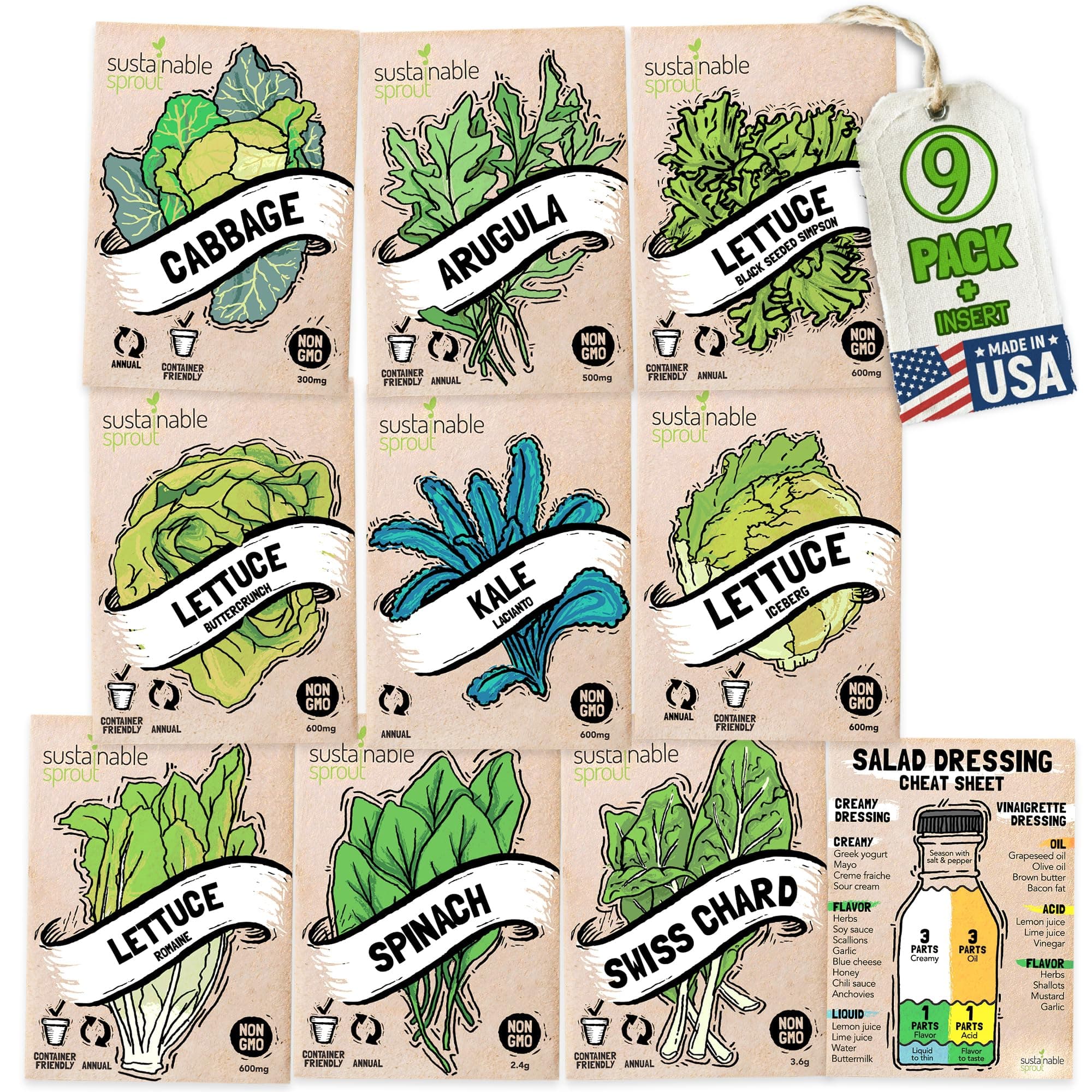 Lettuce Seeds for Planting: 9 Salad Greens Seed Packets, Hydroponics Heirloom Lettuce Bibb Romaine Kale Spinach Cabbage Swiss Chard Arugula Vegetables Variety Pack 100% Non-GMO by Sustainable Sprout