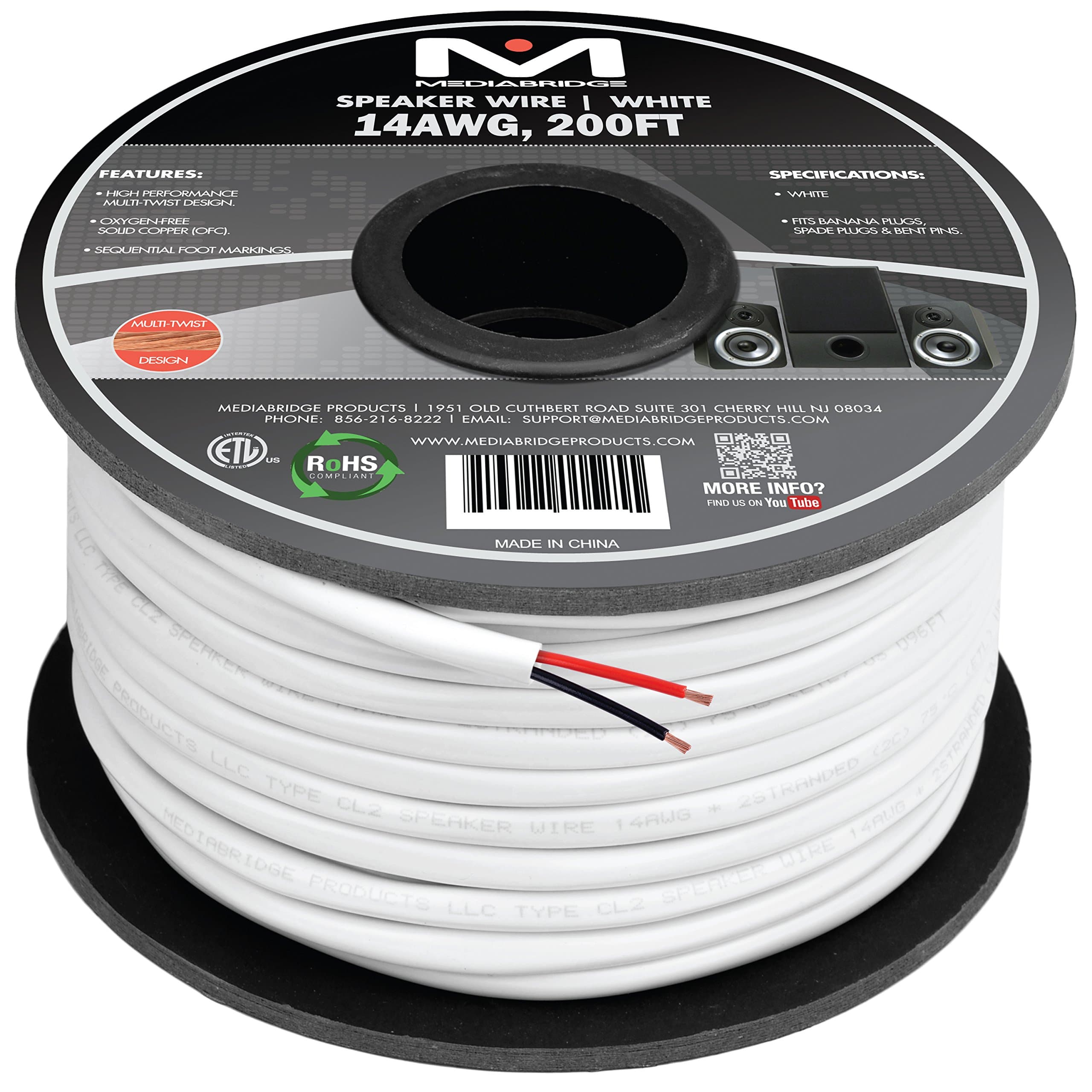 Mediabridge™ 14AWG 2-Conductor Speaker Wire (200 Feet, White) - 99.9% Oxygen Free Copper – ETL Listed & CL2 Rated for in-Wall Use (Part# SW-14X2-200-WH)