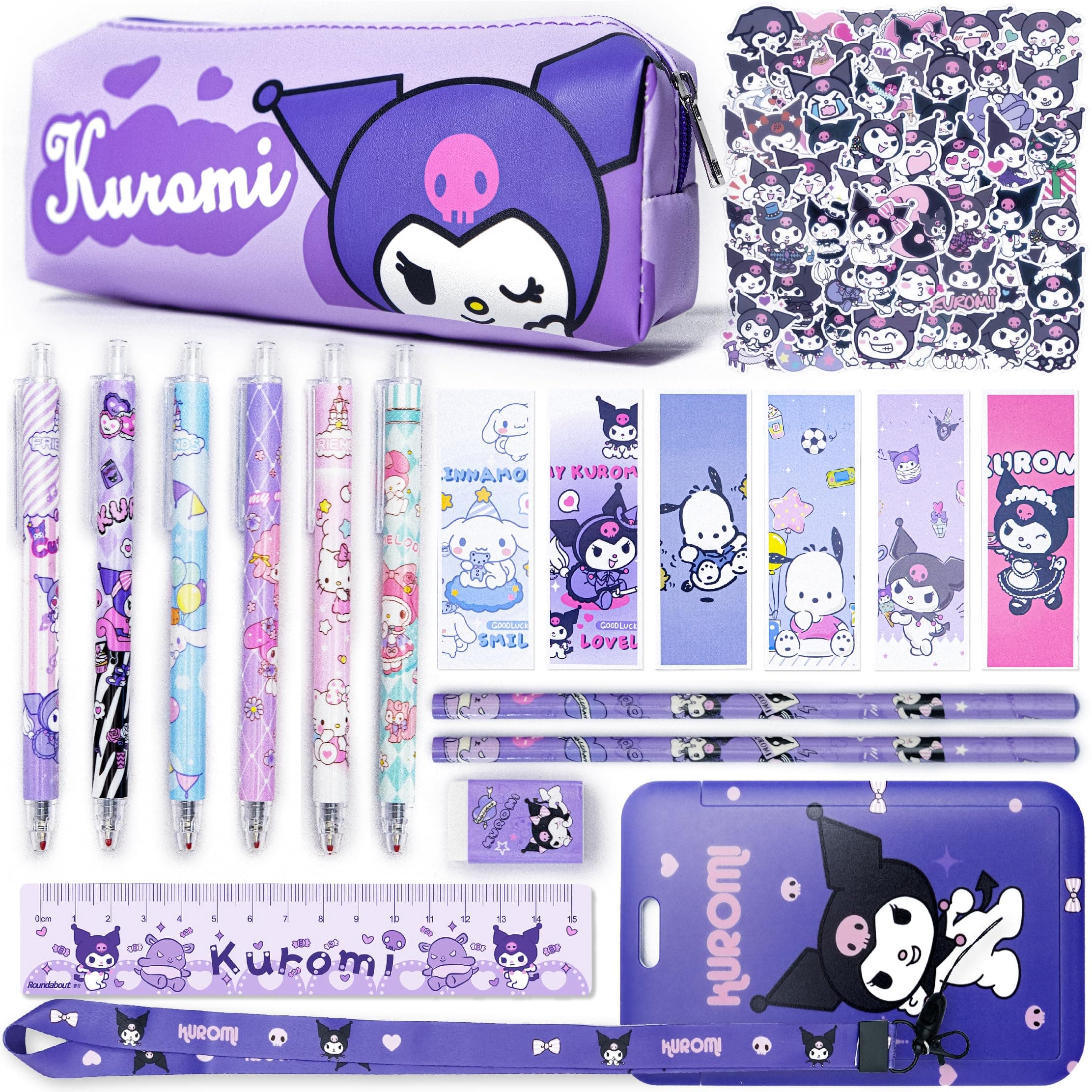 Kuromi School Supplies, Kawaii School Supplies Set, Stationery Set Includes Pencil Cse, Gel Pen, Ruler, Stickers, Pencils, Eraser, Bookmarks, Lanyard with ID Card Holder for Girls Gifts