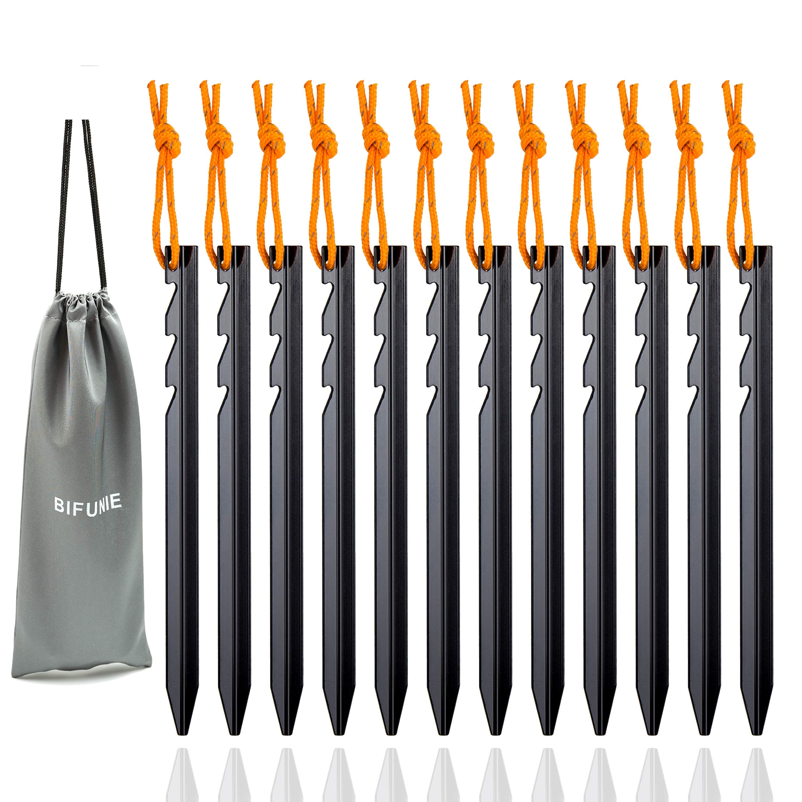Tent Stakes Pegs Aluminum Tent Stakes with Reflective Pull Ropes (12-Pack) & Carrying Pouch (1Pcs), Heavy Duty Tri-Beam Metal Stakes Pegs for Backpacking Camping Tents Hammocks and Canopy