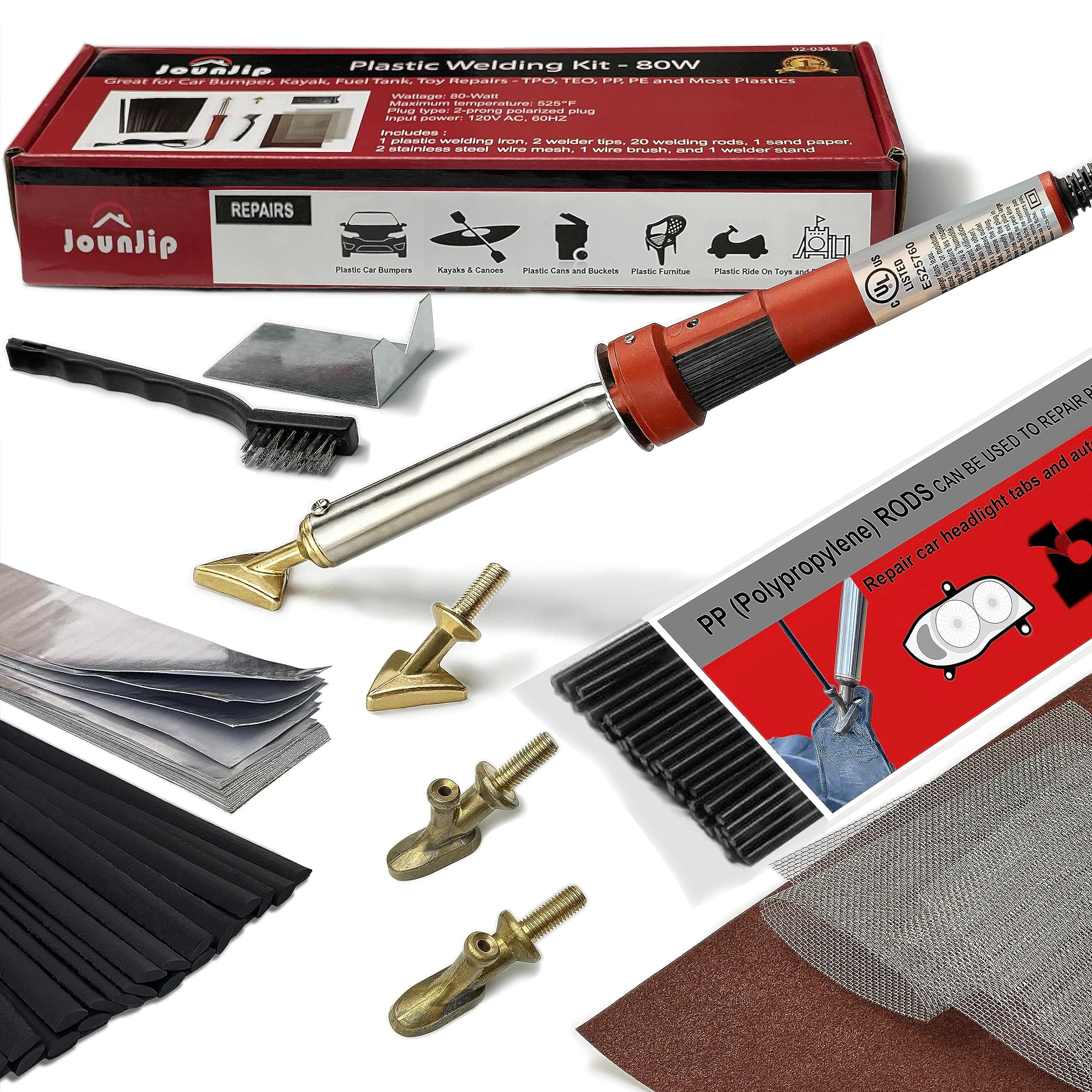 JOUNJIP Deluxe Plastic Welding Kit - UL Certified, 17 Pieces Aluminum Repair Tape, Sandpaper, 2 Triangle Soldering Iron Tips, 2 Soldering Iron Starter Tips, 4 Mesh