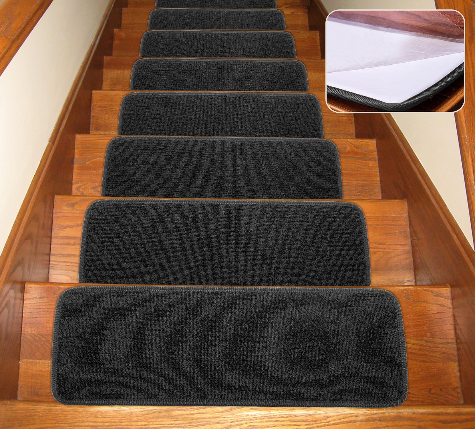 Seloom 13pcs Carpet Stair Treads, Indoor Non Slip Stair Rugs Covers Rubber Backing Anti Slip Indoor Stair Mats Removable Washable Step Runners for Wooden Stairs (25.5×9.5In,Black)