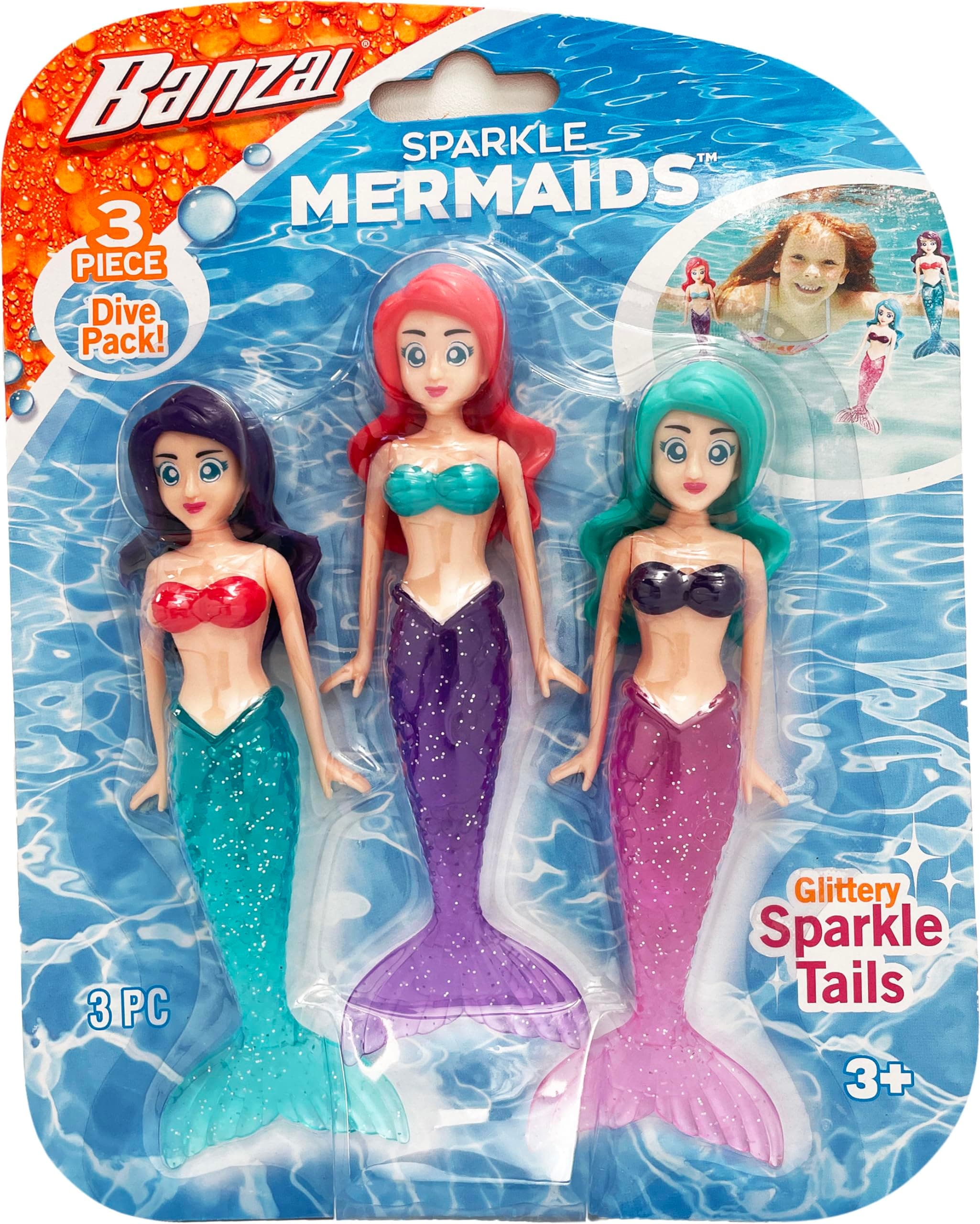 BANZAI 3 Piece Sparkle Mermaid Dive Toys - Glittery Sparkle Tails