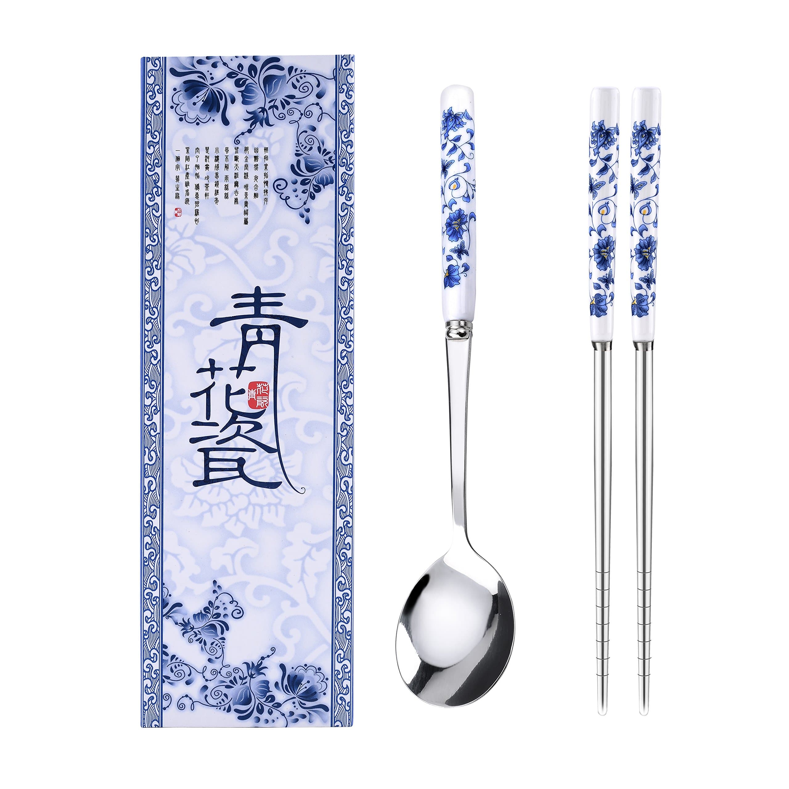 Elegant Stainless Steel Chopsticks and Spoon Set with Blue-and-white Porcelain Handle, Classic Chinese Style, Gift-packaged as Perfect Gift for Share