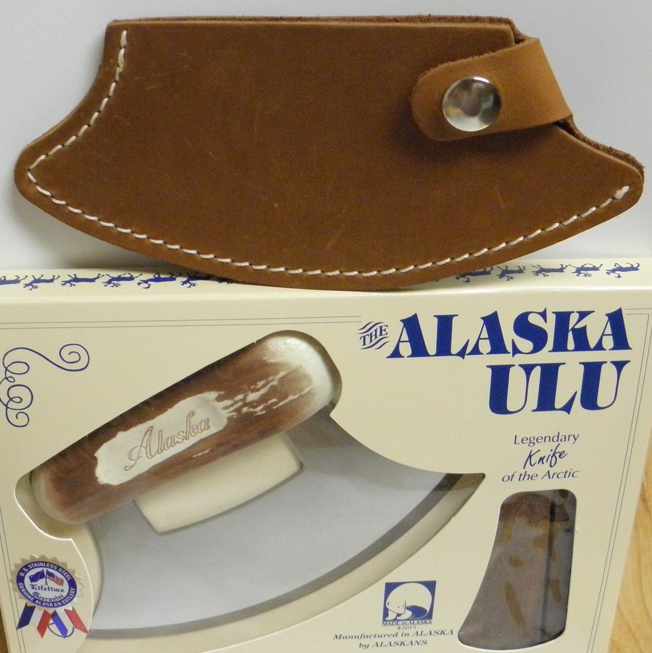 Cultured Moose Antler Handled Ulu with Leather Sheath (Light Brown)
