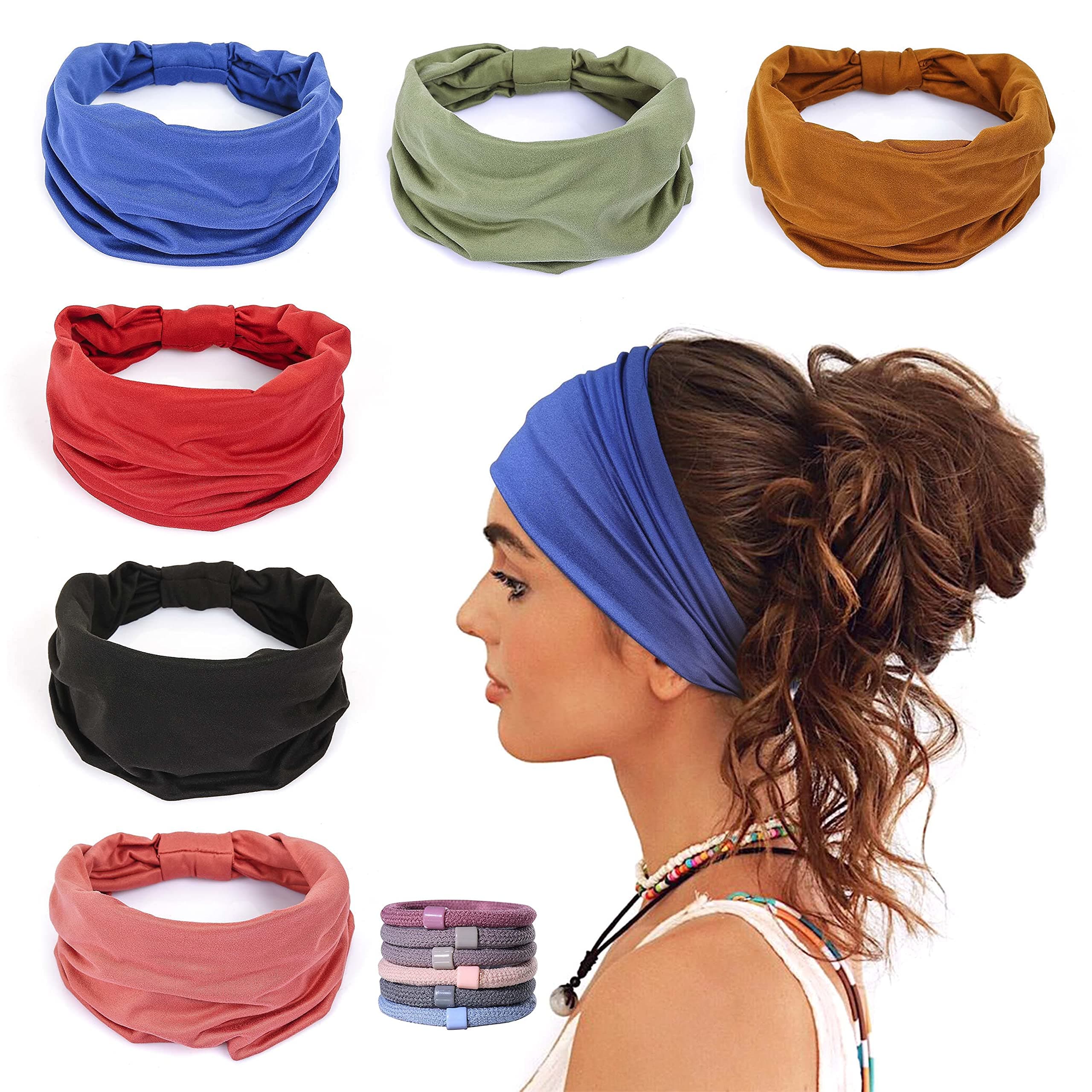 6 Pack Wide Headbands for Women Non Slip Soft Elastic Hair Bands Yoga Running Sports Workout Gym Head Wraps, Knotted Cotton Cloth African Turbans Bandana (with 6 Pcs Hair Ties)