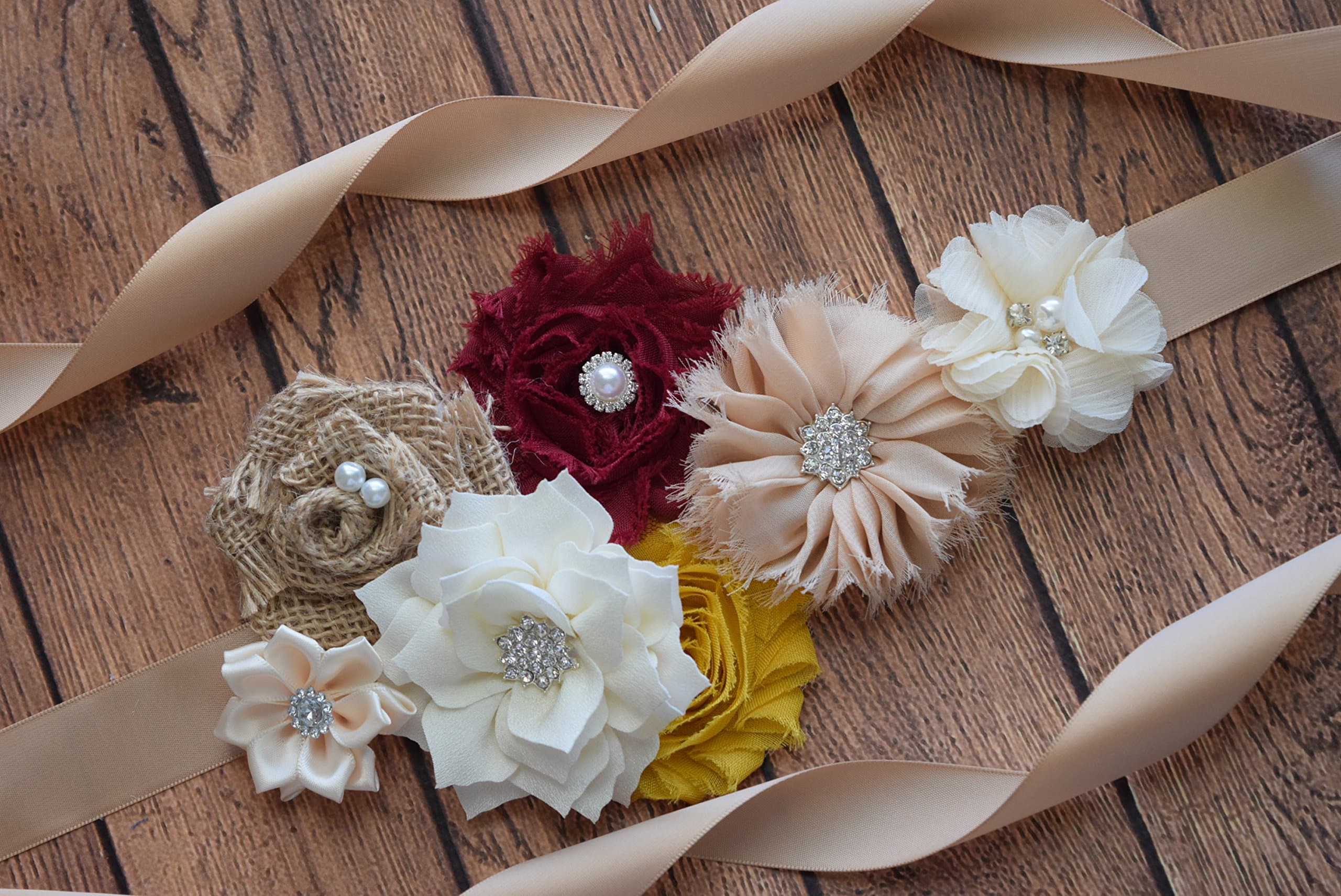 Fall Autumn Flower Sash, ivory, burgundy and mustard Sash, flower Belt, maternity sash