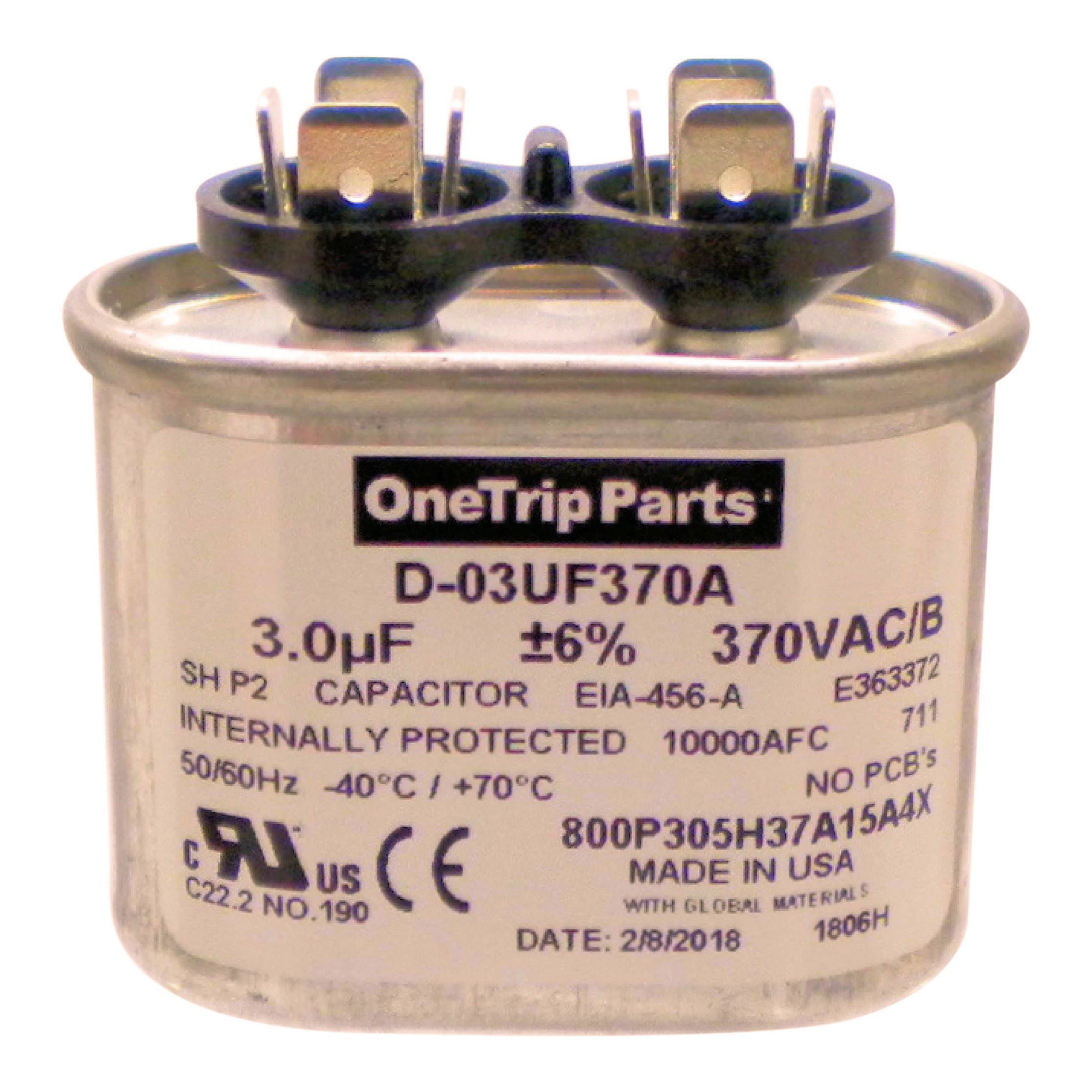 OneTrip Parts USA Run Capacitor 3 UF - 3 MFD 370 VAC Flat Oval