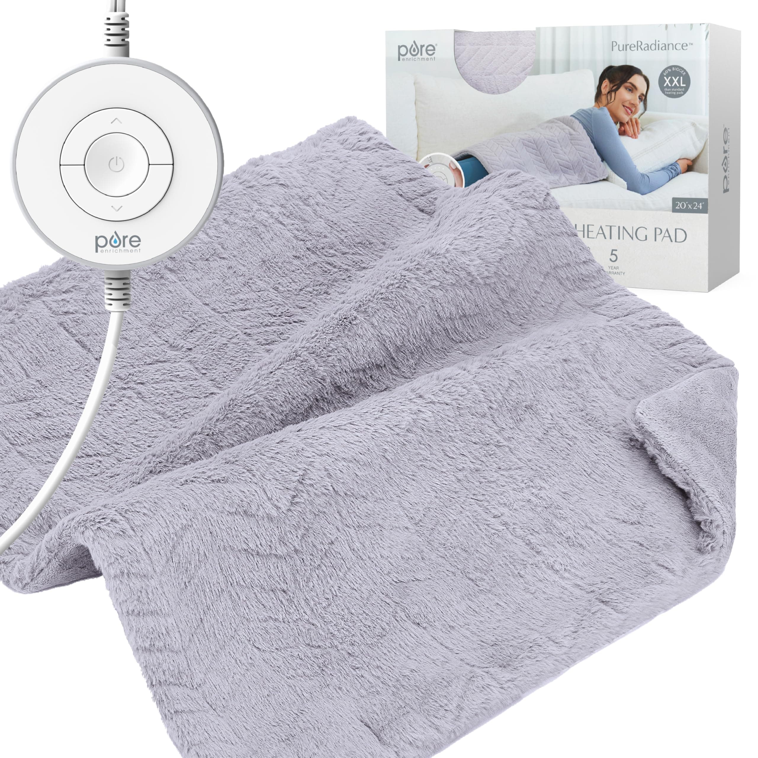 Pure Enrichment PureRadiance Ultra-Wide Heating Pad - 6 Heat Settings, Soft Faux Fur, 20" x 24", Machine Washable