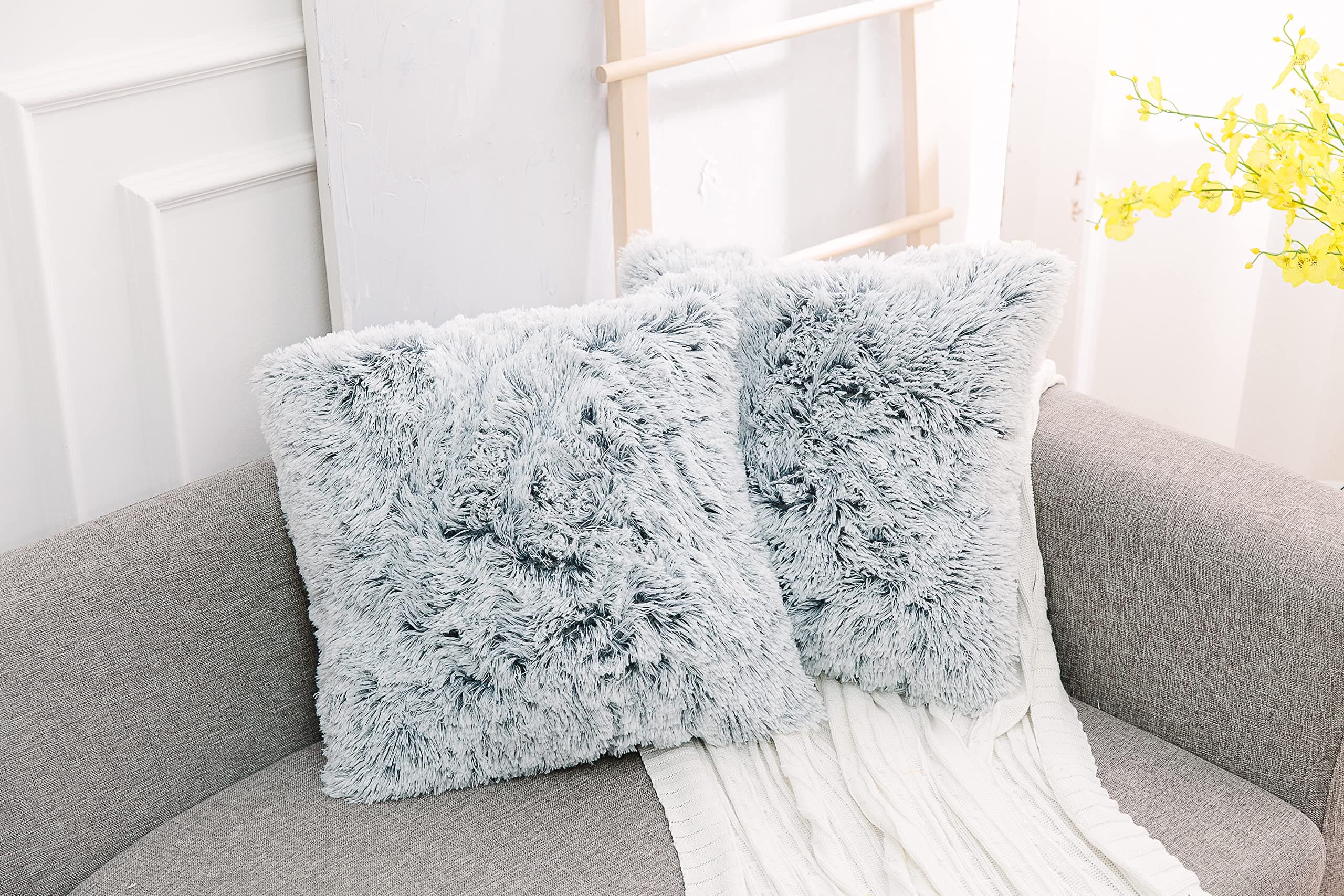 NordECO HOME Luxury Soft Faux Fur Fleece Cushion Cover Pillowcase Decorative Throw Pillows Covers, No Pillow Insert, 18" x 18" Inch, Grey Ombre, 2 Pack