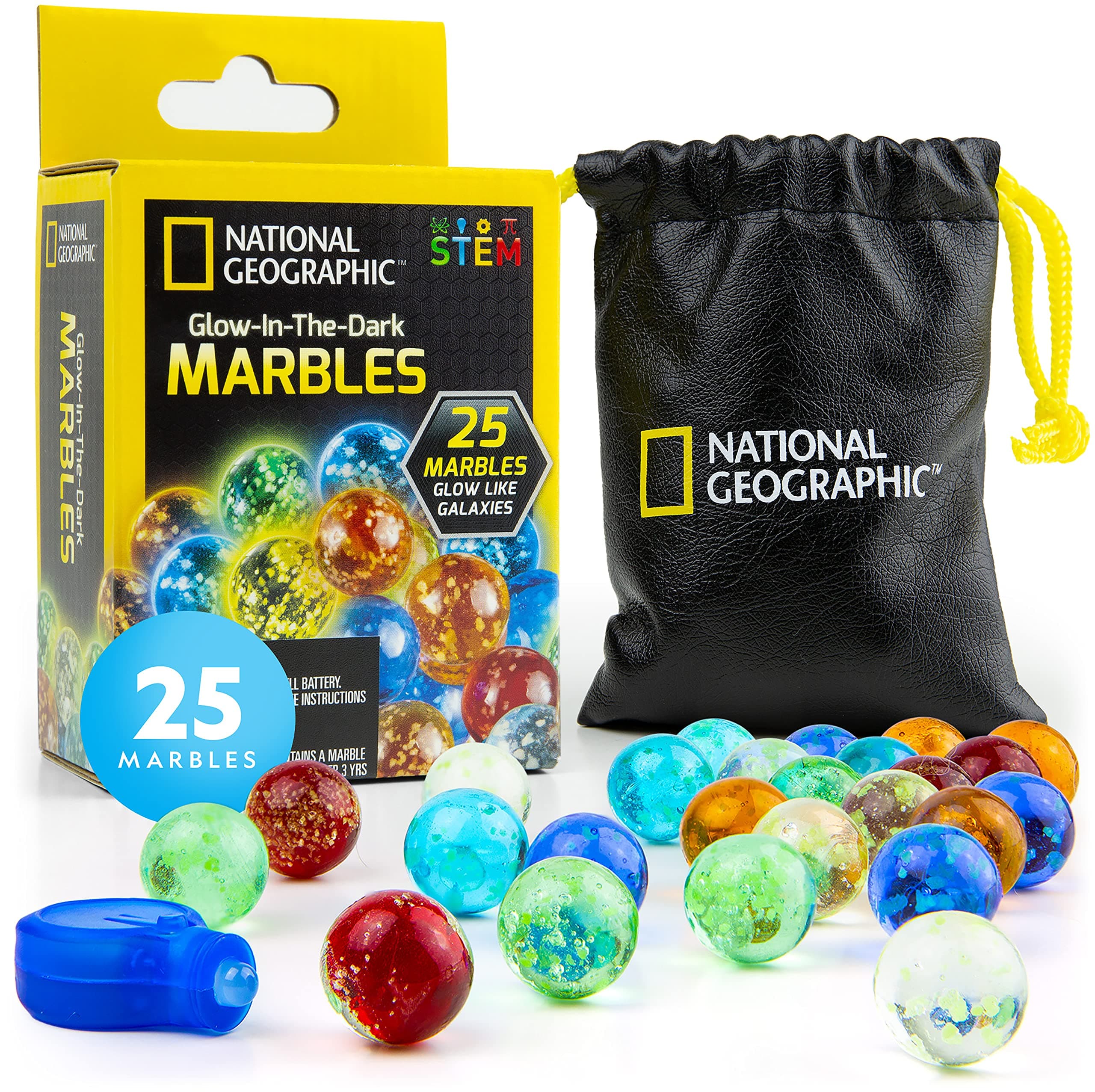National Geographic Marbles That Glow in The Dark with Storage Pouch and UV Keychain Light, Marble Runs (25 Glass)