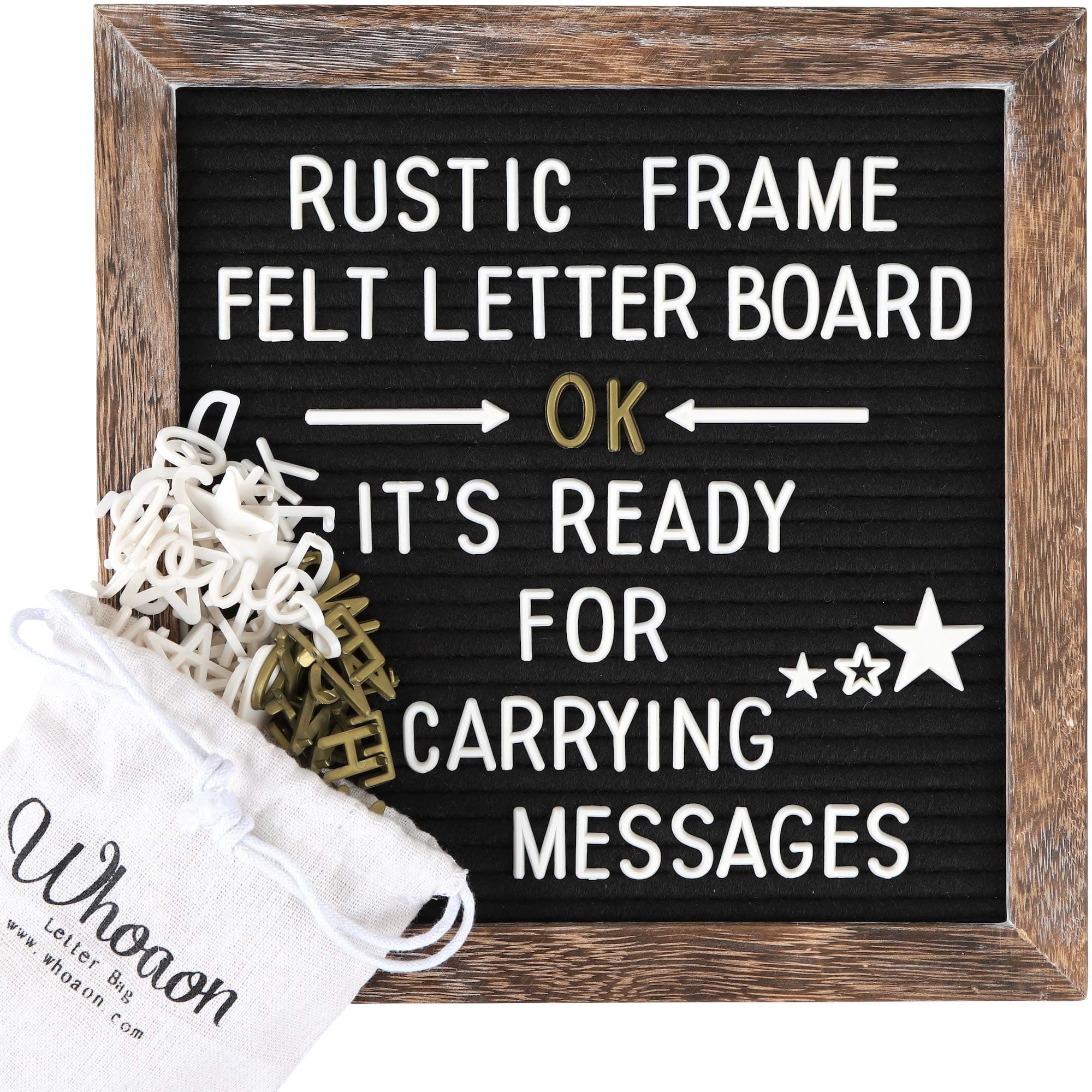 whoaon Rustic Wood Frame Gray Felt Letter Board 10x10 inches. 440 White & Gold Letters, Months & Days Cursive Words, Additional Symbols & Emojis, 2 Letter Bags, Scissors, Vintage Stand.