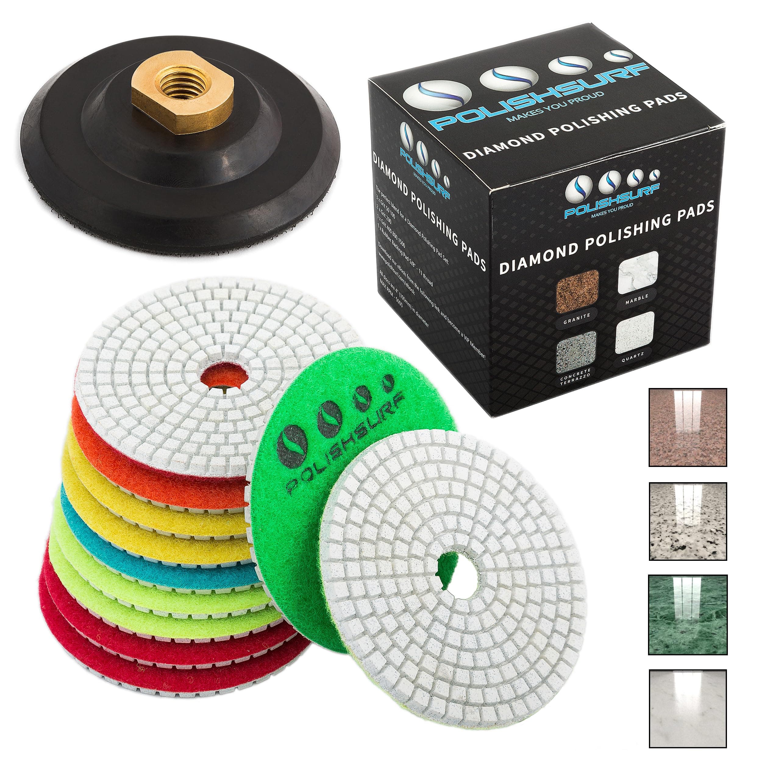 POLISHSURF Diamond Polishing Pads 4 inch Wet/Dry Set of 11+1 Backer Pad for Granite Concrete Marble Polishing | Free eBook - Polishing Process Best Practices