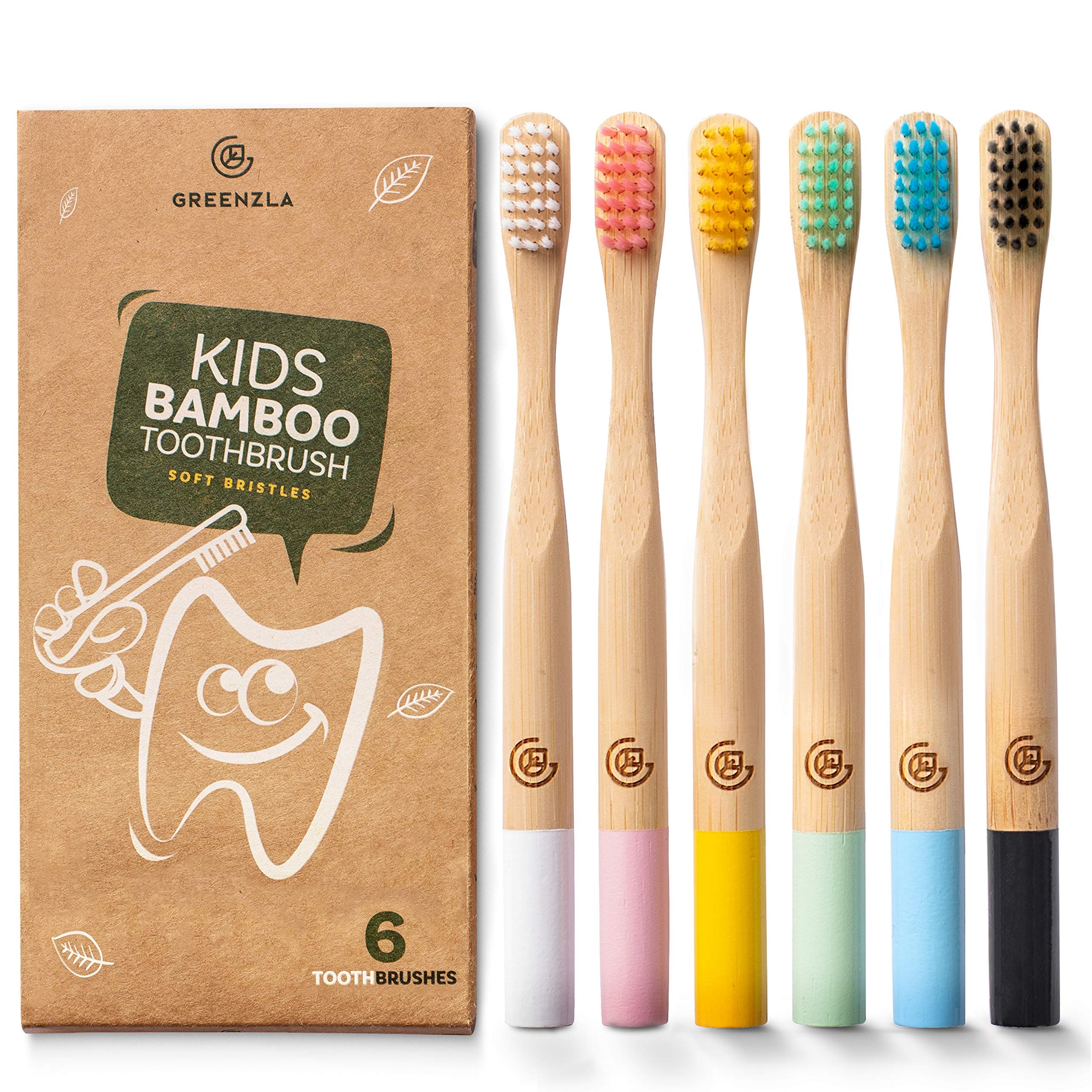 - GREENZLA Kids Bamboo Toothbrushes, Natural Toothbrush Set, Soft Bristles, Durable Charcoal Wooden Brushes, Compostable Design for Toddlers and Children, 6 Pack
