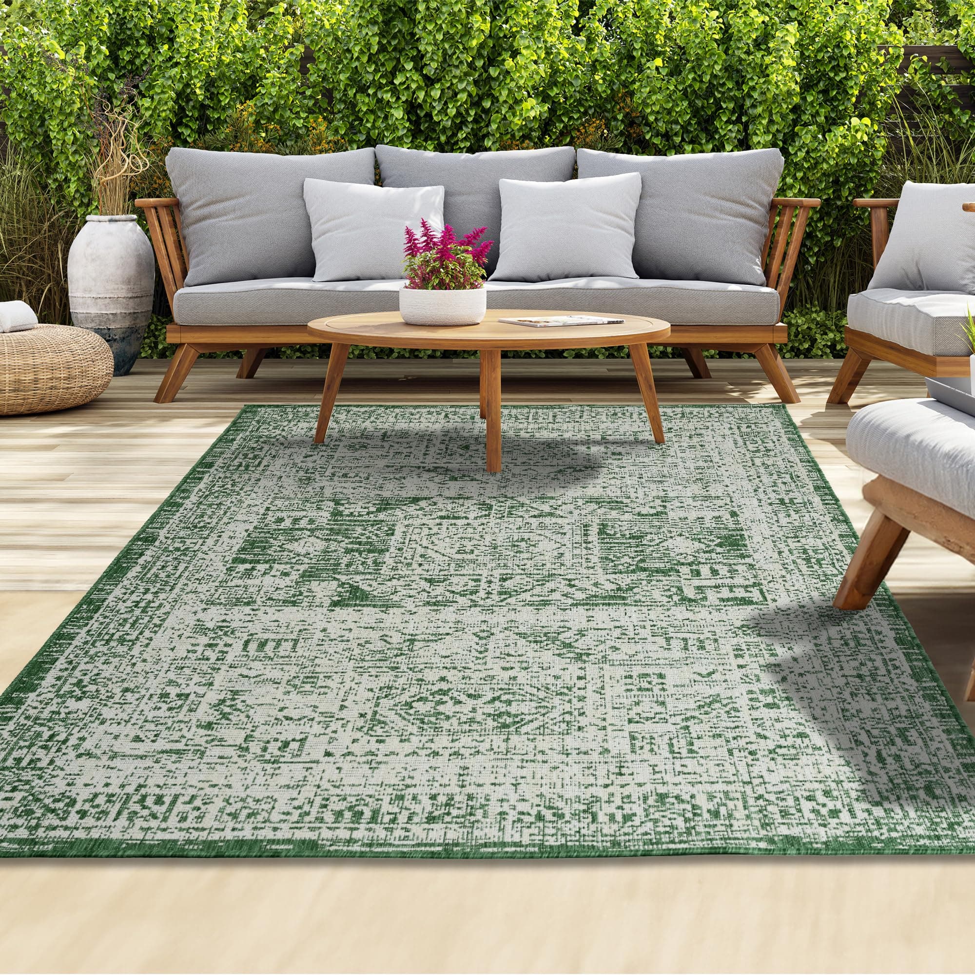 homeart Outdoor Rug - Easy-Clean, Durable, Stain-Resistant, Weather & UV Resistant Indoor & Outdoor Rugs for Porch, Deck, Balcony, Garden, Picnic and Patio | Vintage Green, Cream - 120x170cm
