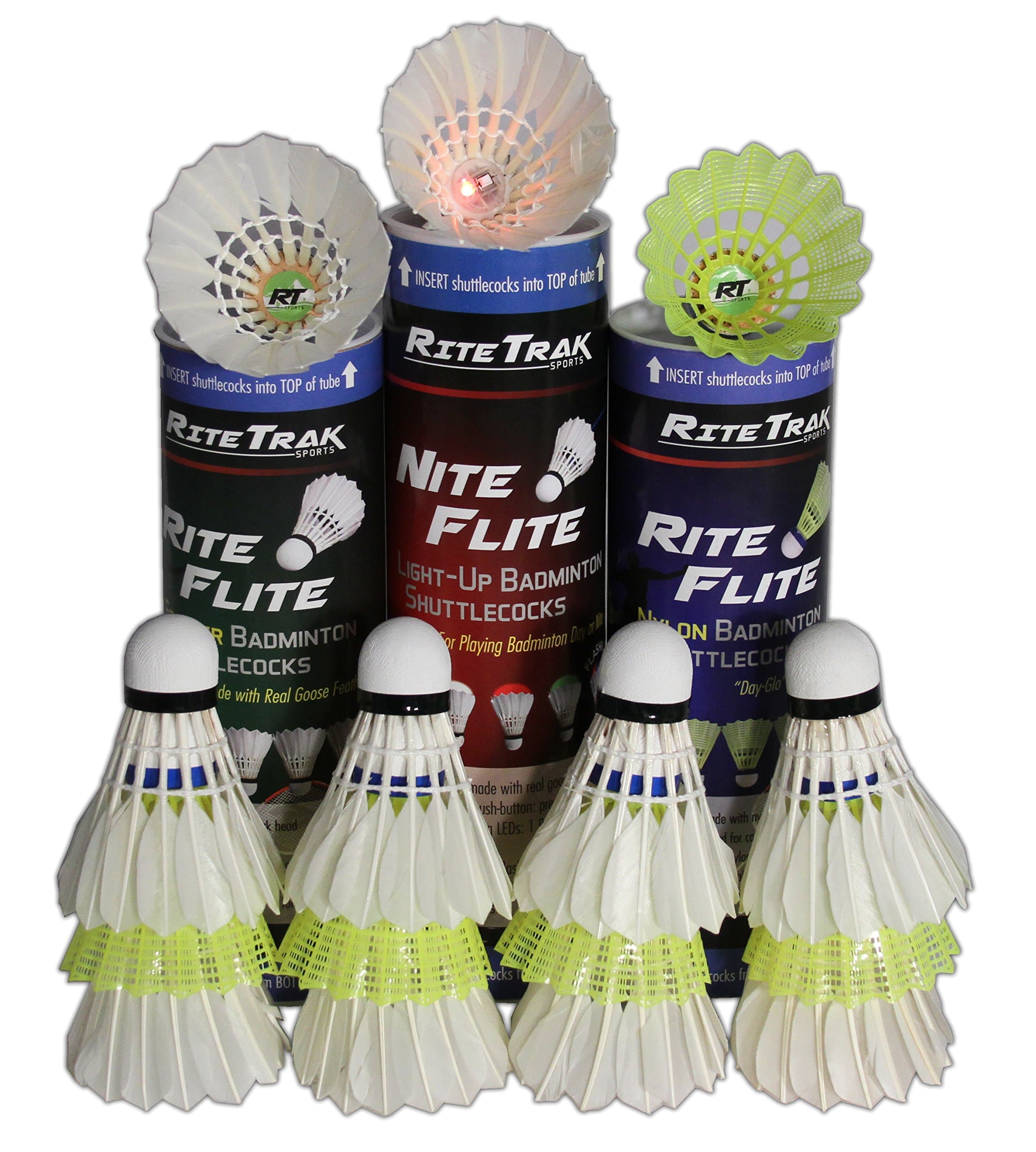 RiteTrak Sports Badminton Shuttlecock Variety Gift Pack with Nylon, Feather and Light-Up Assortment, 15-Pack of 3 Styles of Birdies in 3 Storage Tubes