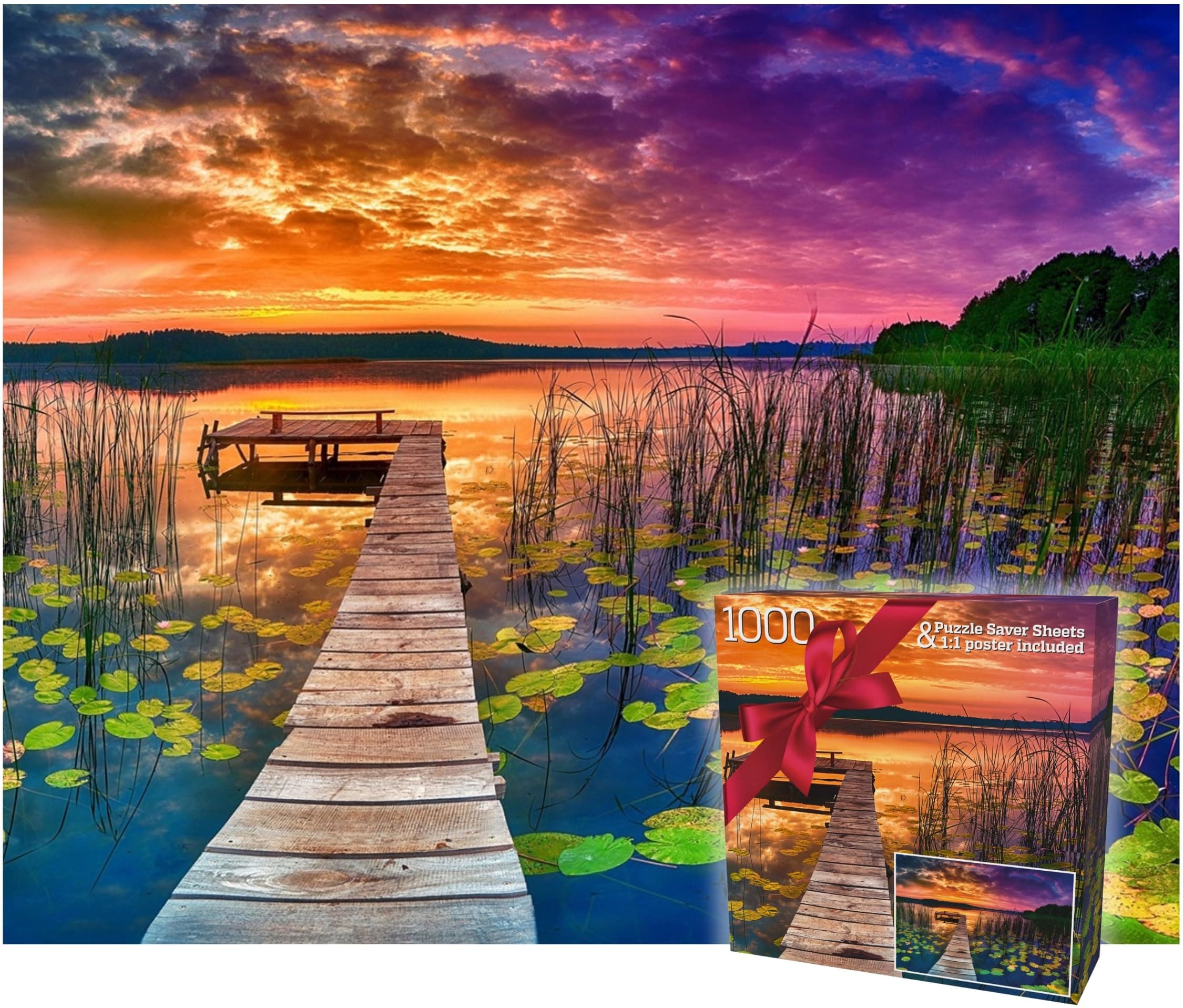 Puzzles for Adults 1000 Pieces – Ideal Gift for Loved Ones, Gift-Ready Box, Letters on Back, 8 Jigsaw Puzzle Saver Sheets & Full-Size Poster – Scenic Landscape Sunset with Dock & Lilies by GERJATO