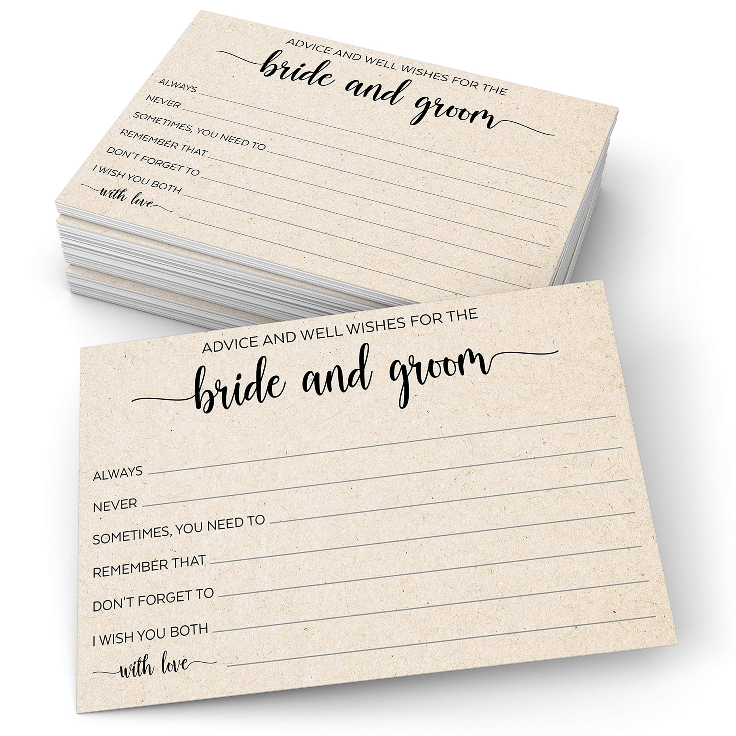 321Done Advice and Wishes for The Bride and Groom Cards, Made in USA - 4x6 Kraft Tan, for Wedding with Prompts Simple Elegant - 50 Cards