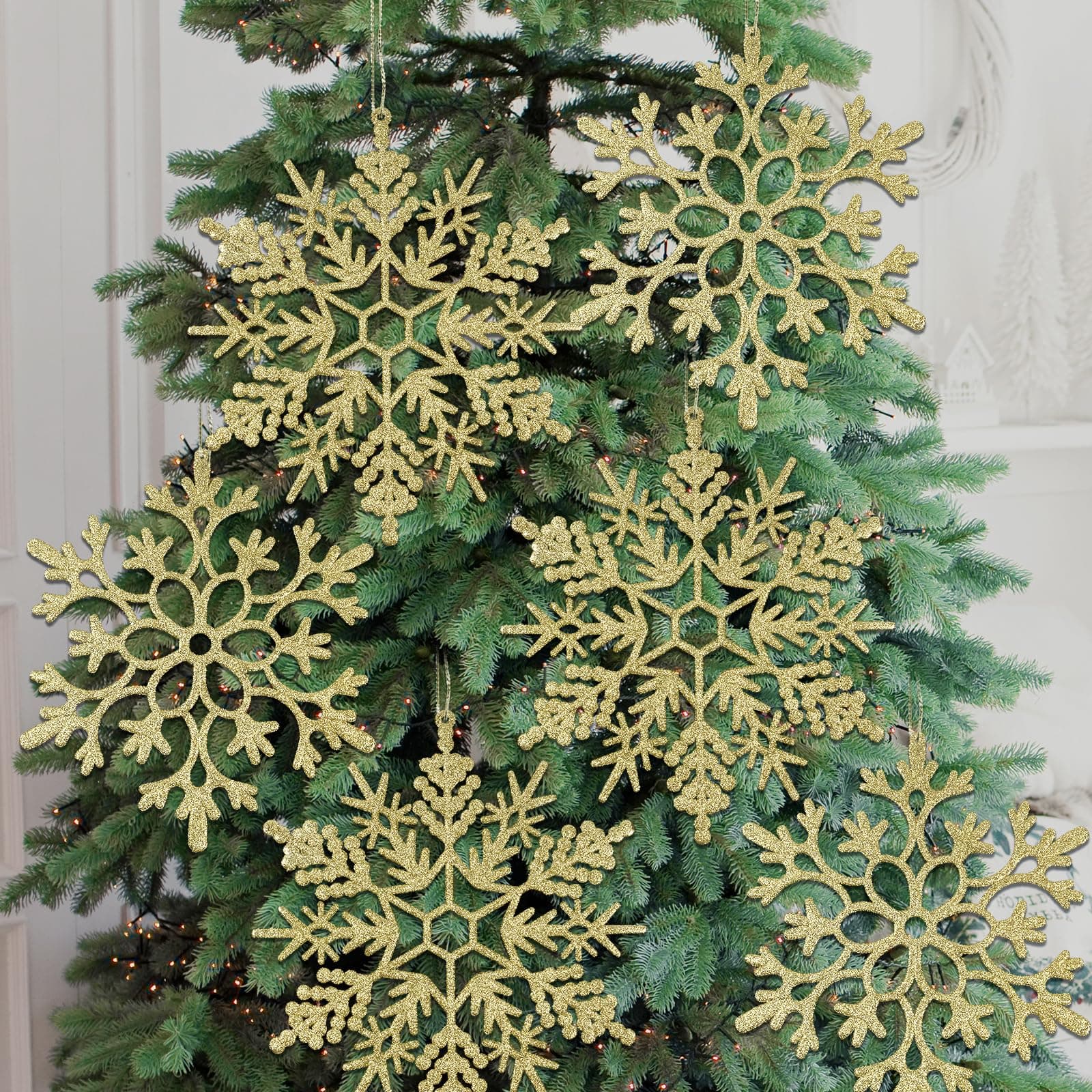 6pcs Large Gold Snowflakes Ornaments 12" Big Plastic Glitter Snowflake for Winter Indoor Outdoor Christmas Tree Window Room Decorations Giant Craft Snowflakes
