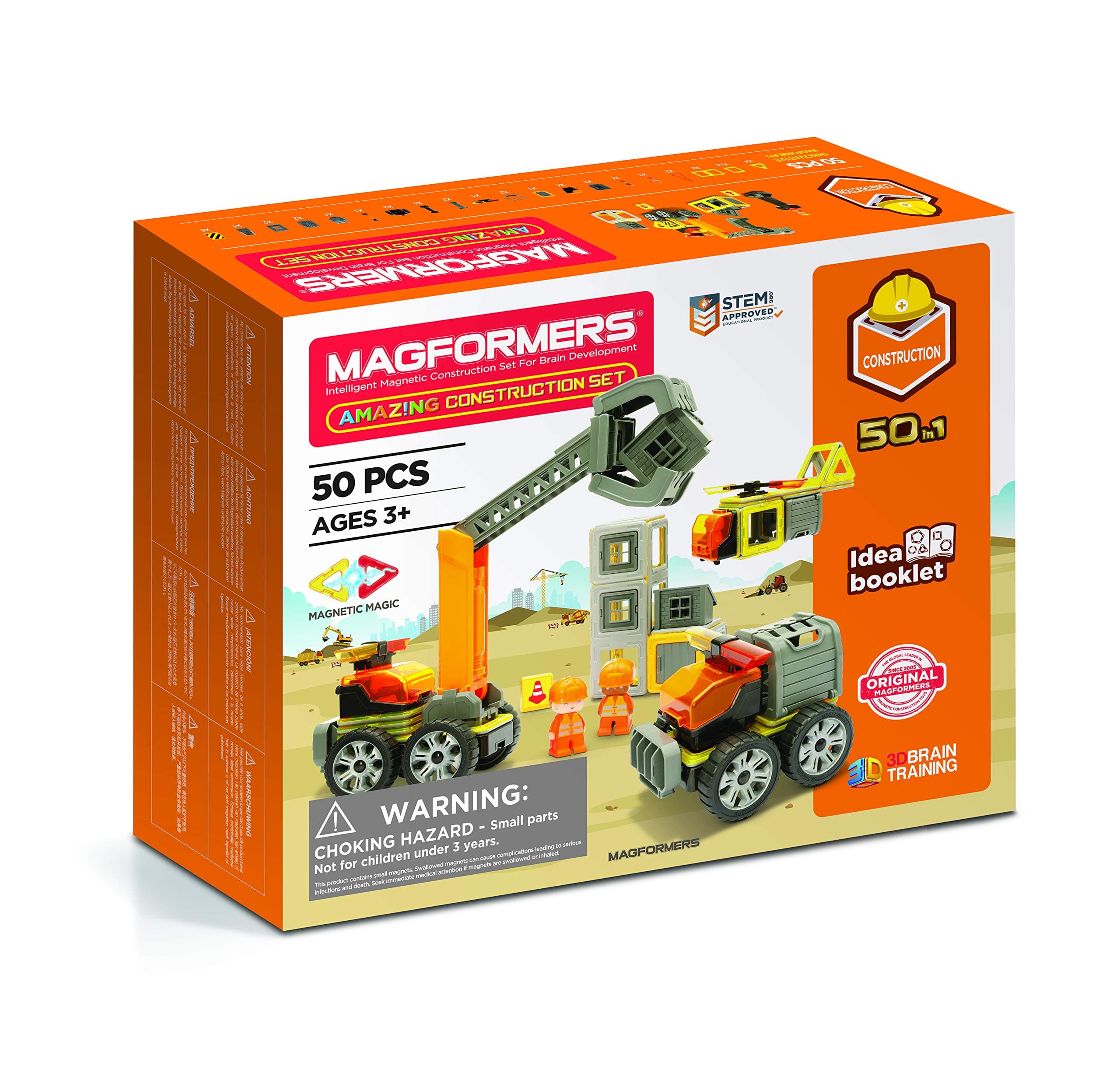 MagformersAmazing Construction 50 Piece Set - Orange Colors, Wheels, Magnetic Tiles, Educational Magnetic Geometric Shapes, Tile Building STEM Toy - Ages 3+