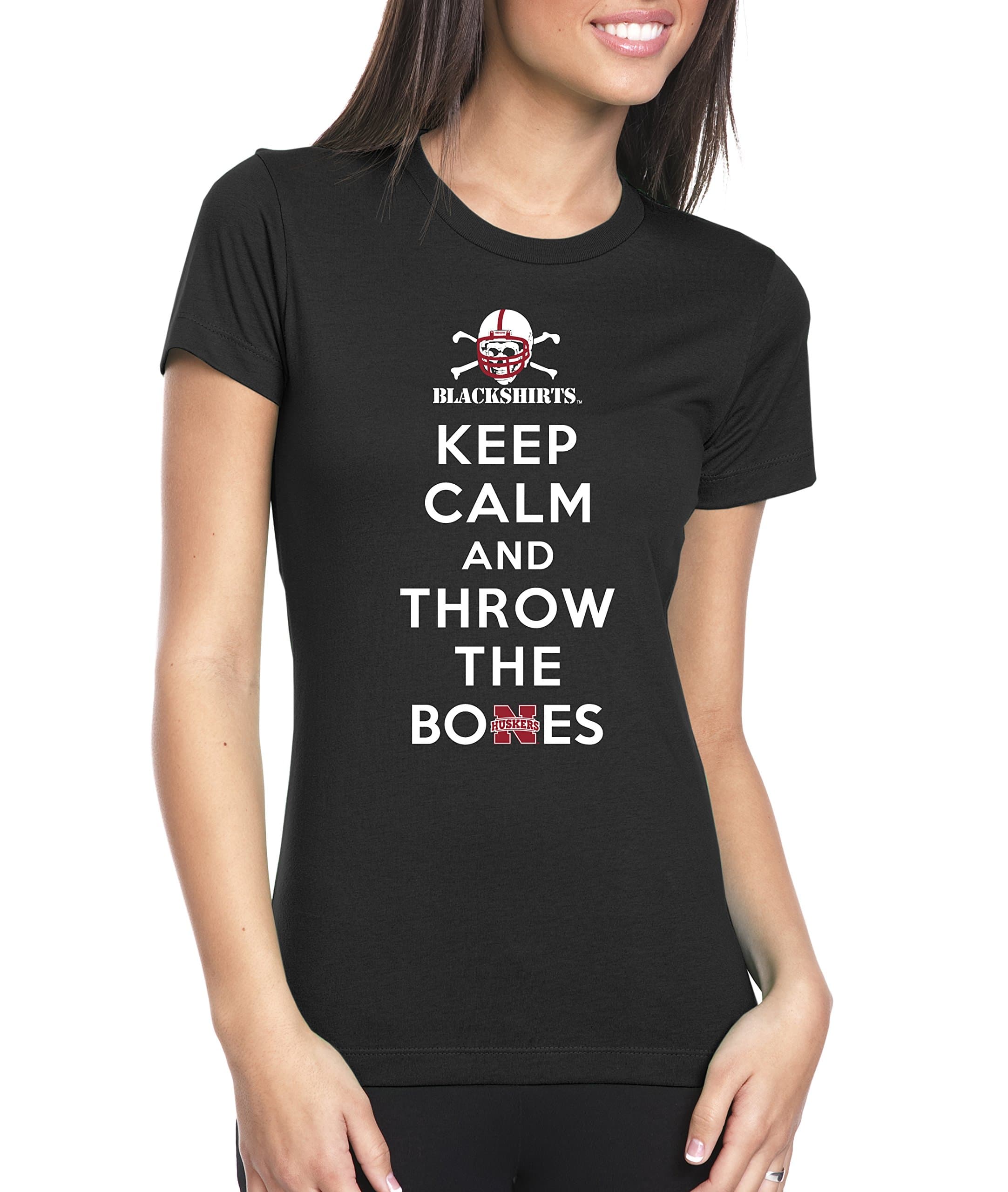 Women's Nebraska Huskers Football Blackshirts "Keep Calm and Throw the Bones" Shirt - Black - Large