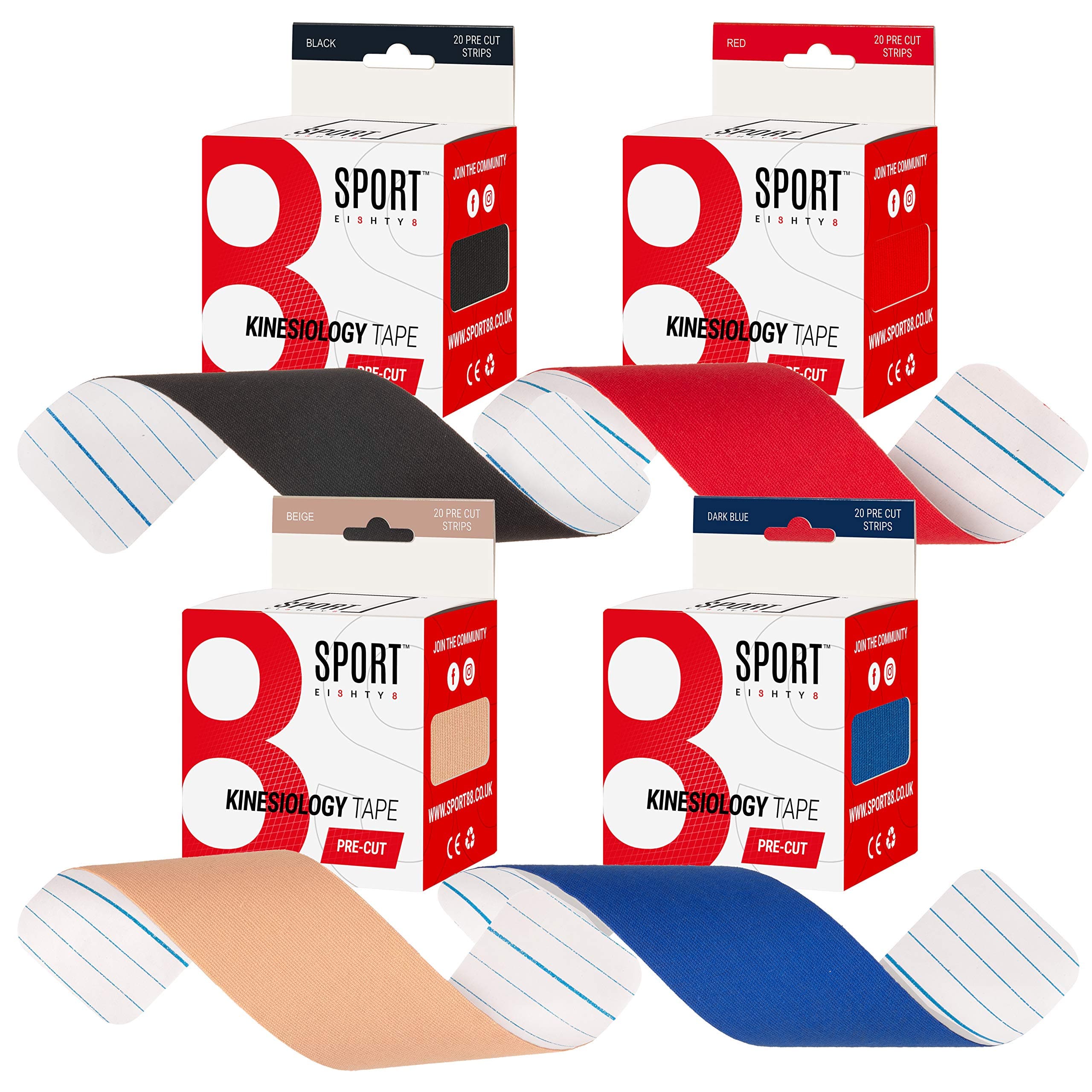 Sport 88 Kinesiology Tape | Pre cut 5m Sports Medical Tape For Muscle & Joint Pains & Aches | Therapeutic Taping For Shoulder Elbow Knee Plantar Fasciitis & More | Elastic Kinesiology, Waterproof Strips In 4 colours