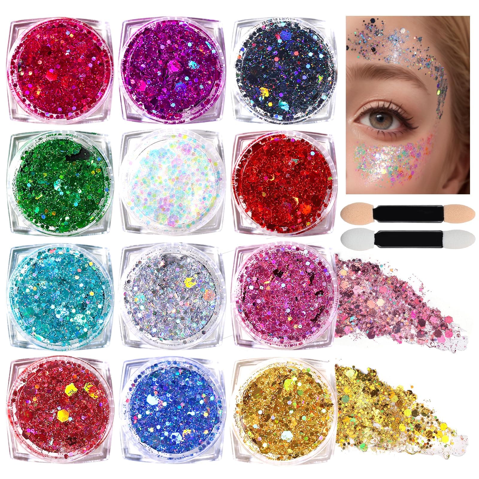 Teenitor Face Glitter Body Makeup Gel, 12 Colors Holographic Gel Festival Hair Chunky Sequins For Face, Hair, Eye, Lip, (Tal-115)