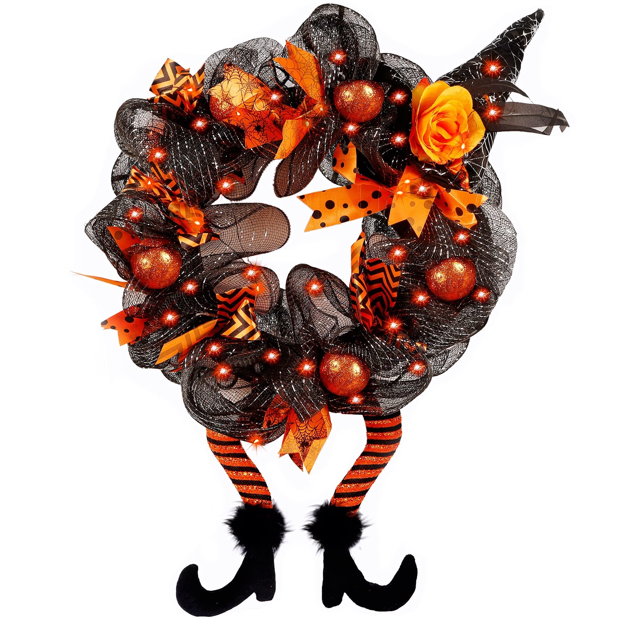 yosagerHalloween Wreaths, Halloween Decorations Witch Hat and Legs Wreath, Lighted with 30 LED Orange Lights, Front Door Wall Light up Wreath Ornaments Holiday Party Thanksgiving Decor