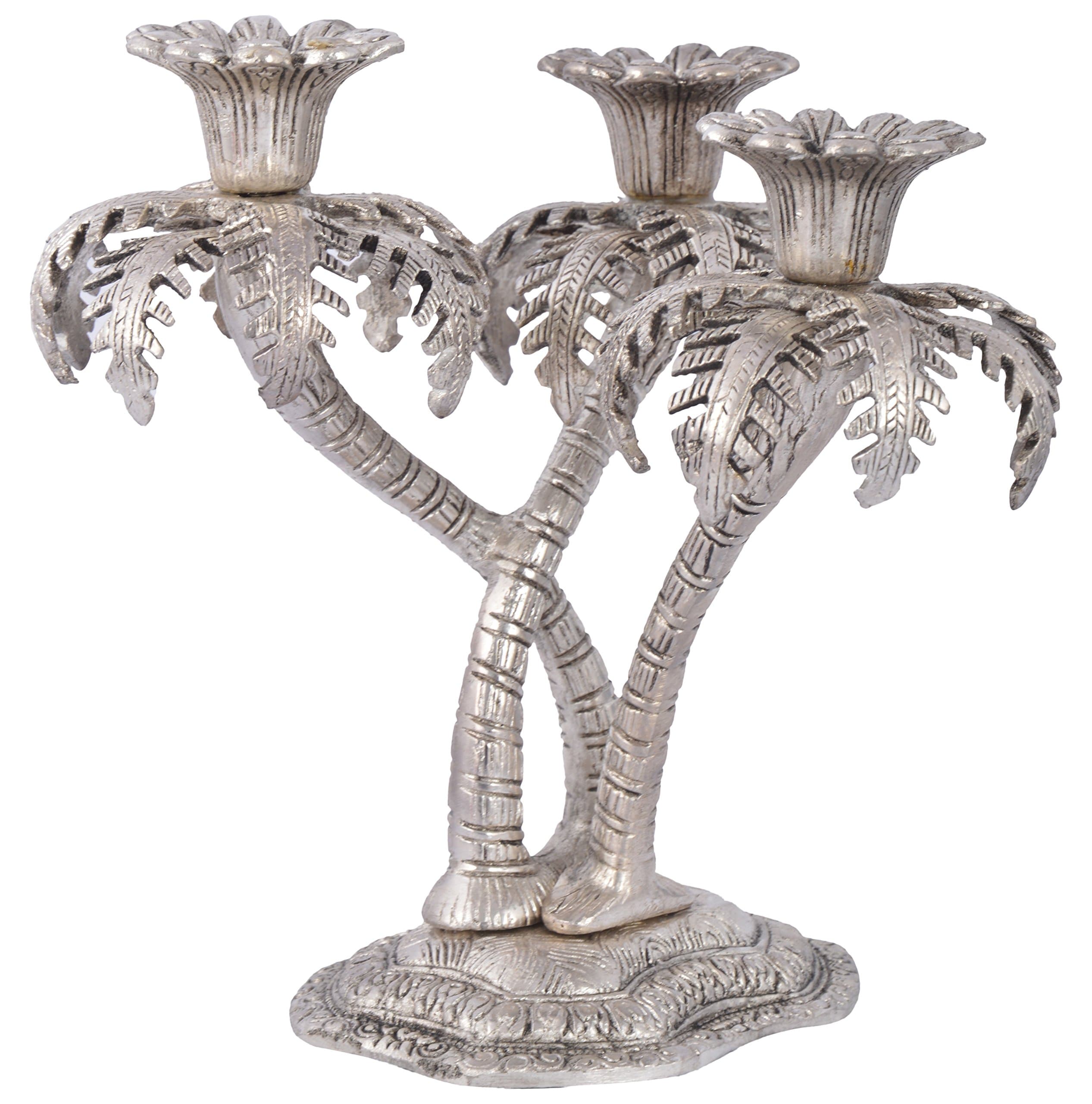 Rajkruti Metal Coconut Tree Candle Stand (16 cm x 17 cm x 18 cm, Silver)