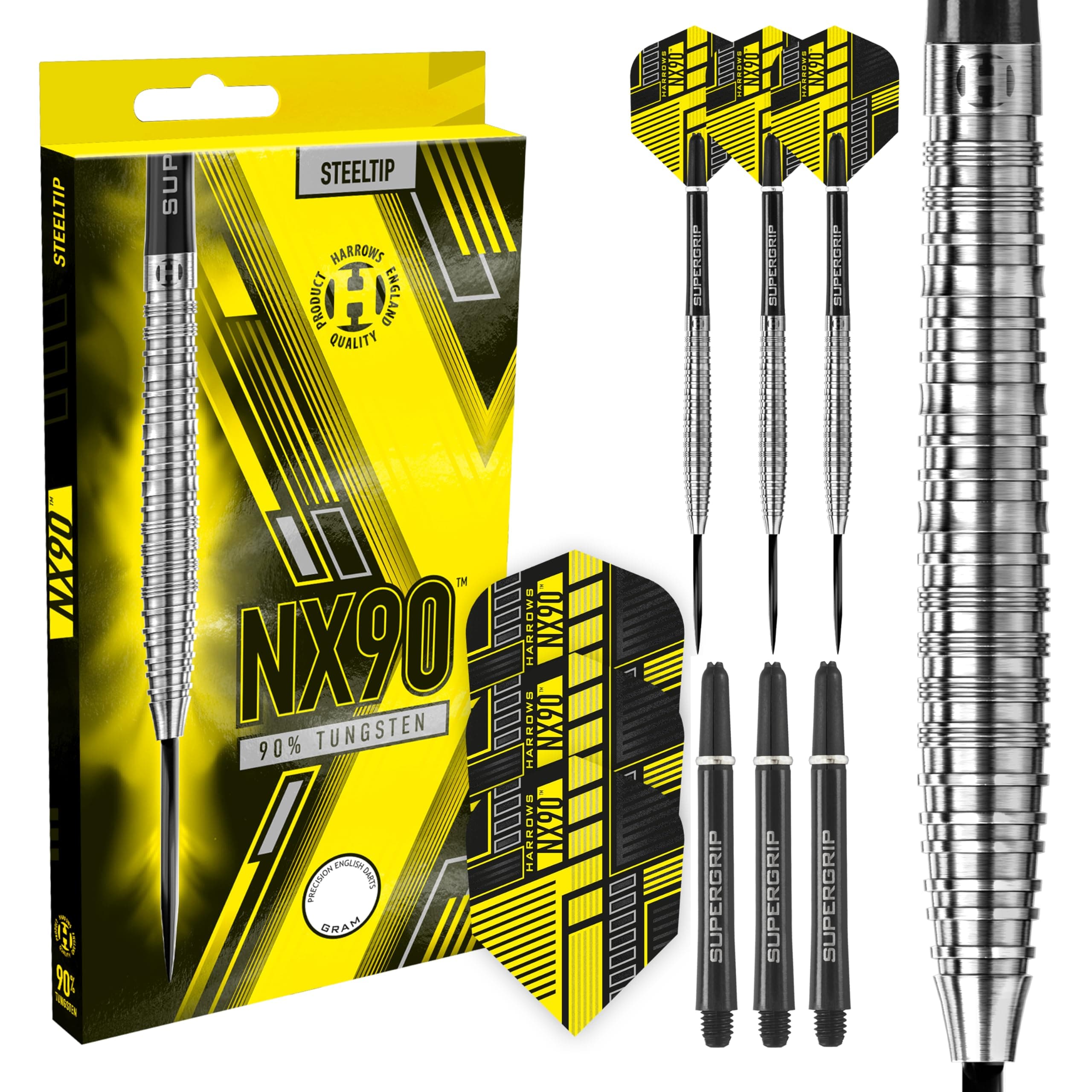 Harrows NX90 Tapered 90% Tungsten Steel Tip Darts Set, Professional Darts - Includes Black Supergrip Midi Shafts