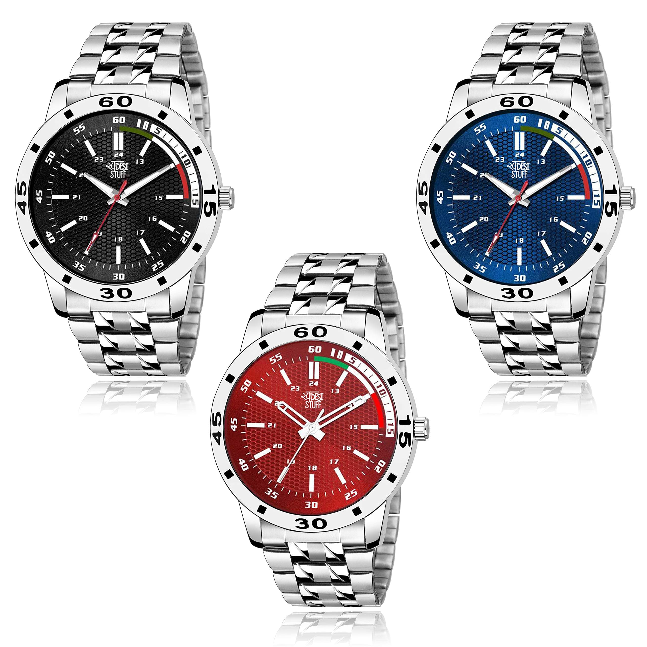 Stainless Steel Pack of 3 Multicolor Dial Analogue Watch for Men and Boys, Silver Band