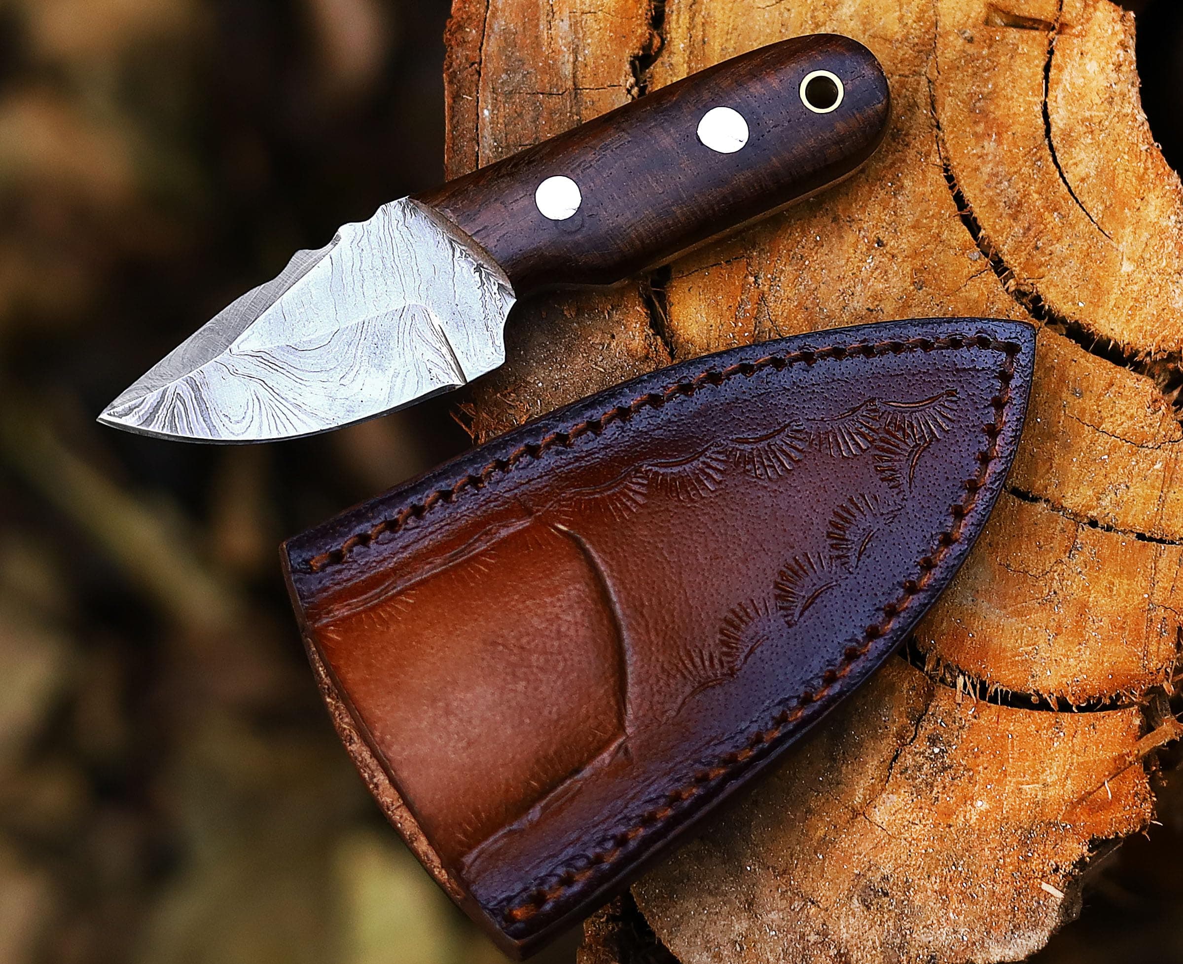 ANCILLA Handmade Damascus Hunting EDC Camping Deer Knife - Full Tang Fixed blade Mini Pocket Cowboy Neck knife for Bushcraft, Camping and Skining with leather sheath Holster - Predator Hunter Viking Blade - Ideal Viking Gift for Men