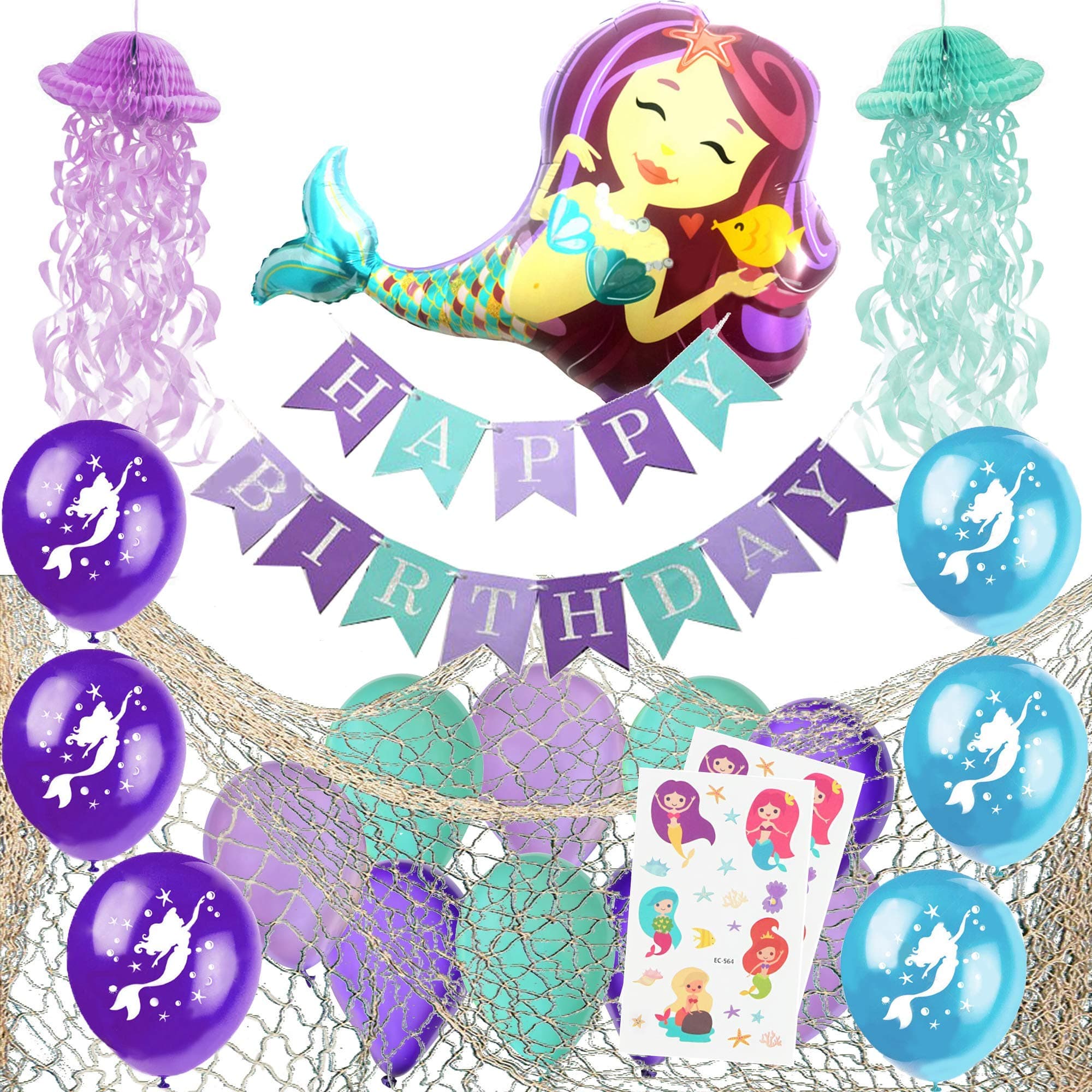 Mermaid Party Supplies * * Decorative Fish Net, Fully Assembled Happy Birthday Banner, Jellyfish Honeycomb, Latex Mermaid Balloons and Giant Mermaid Foil Balloon - Mermaid Birthday Party Supplies