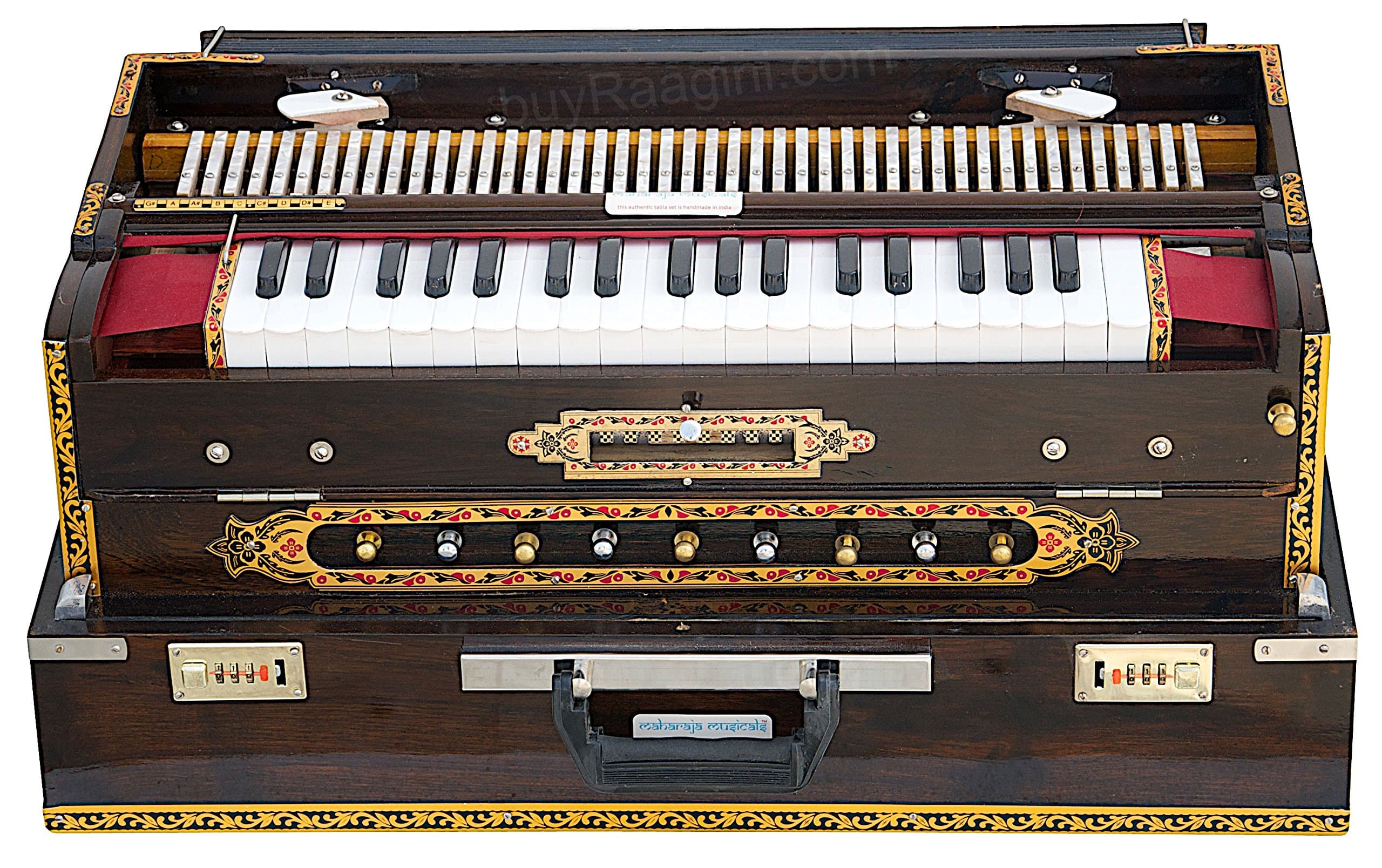 Maharaja Musicals Calcutta Harmonium, Scale Changer, In USA, Concert Quality, Triple Reed, 9 Scales - 3 3/4 Octave, Folding, Coupler, Tuned to A440, Mahogany Color, Padded, Bag (PDI-278)