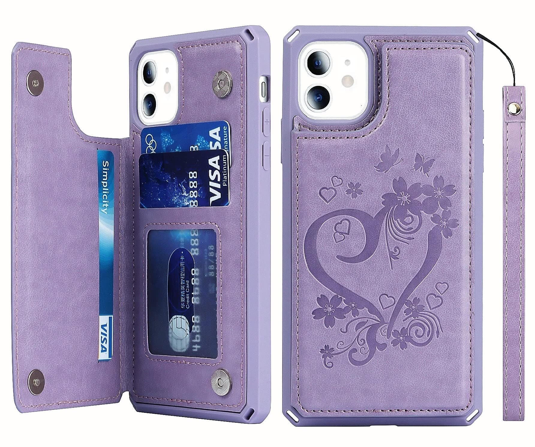 iCoverCasefor iPhone 11 Wallet Case with Card Slots Holder Kickstand [RFID Blocking] Embossed Leather Magnetic Shockproof Cover with Wrist Strap for Women Men (Heart Purple)