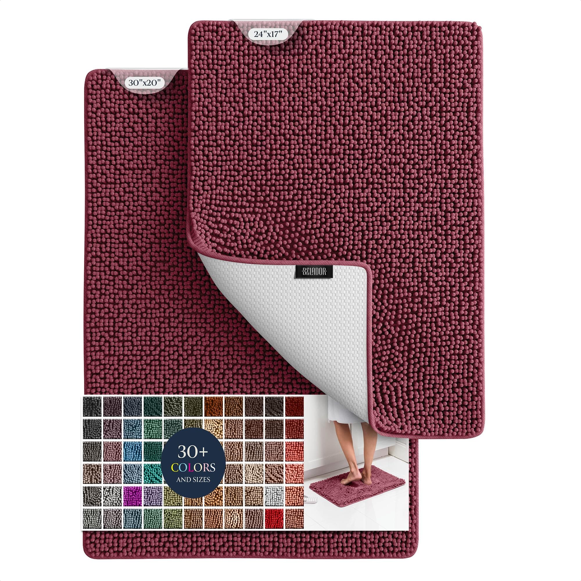 BELADOR Plush Bath Mat Set - 2 Piece Quick-Dry Chenille Bathroom Mats with Rubber Backing, Absorbent, Washable - 24x17 + 30x20