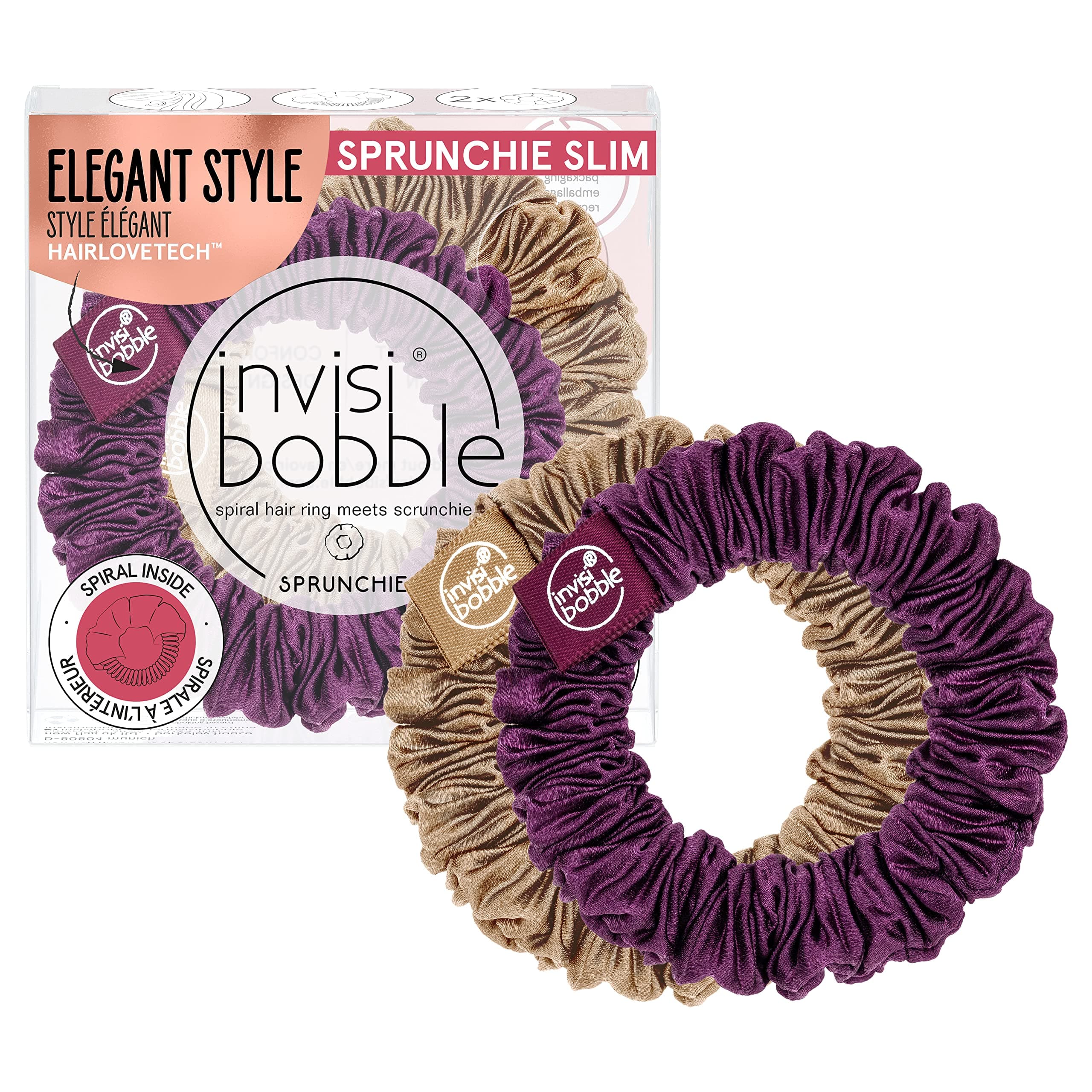 InvisibobbleScrunchie, Slim, Purple, Gold, 2x Pleated Fabric Hair Bobbles for Girls and Women, Strong Hold and Gentle on the Hair, Designed in the Heart of Munich