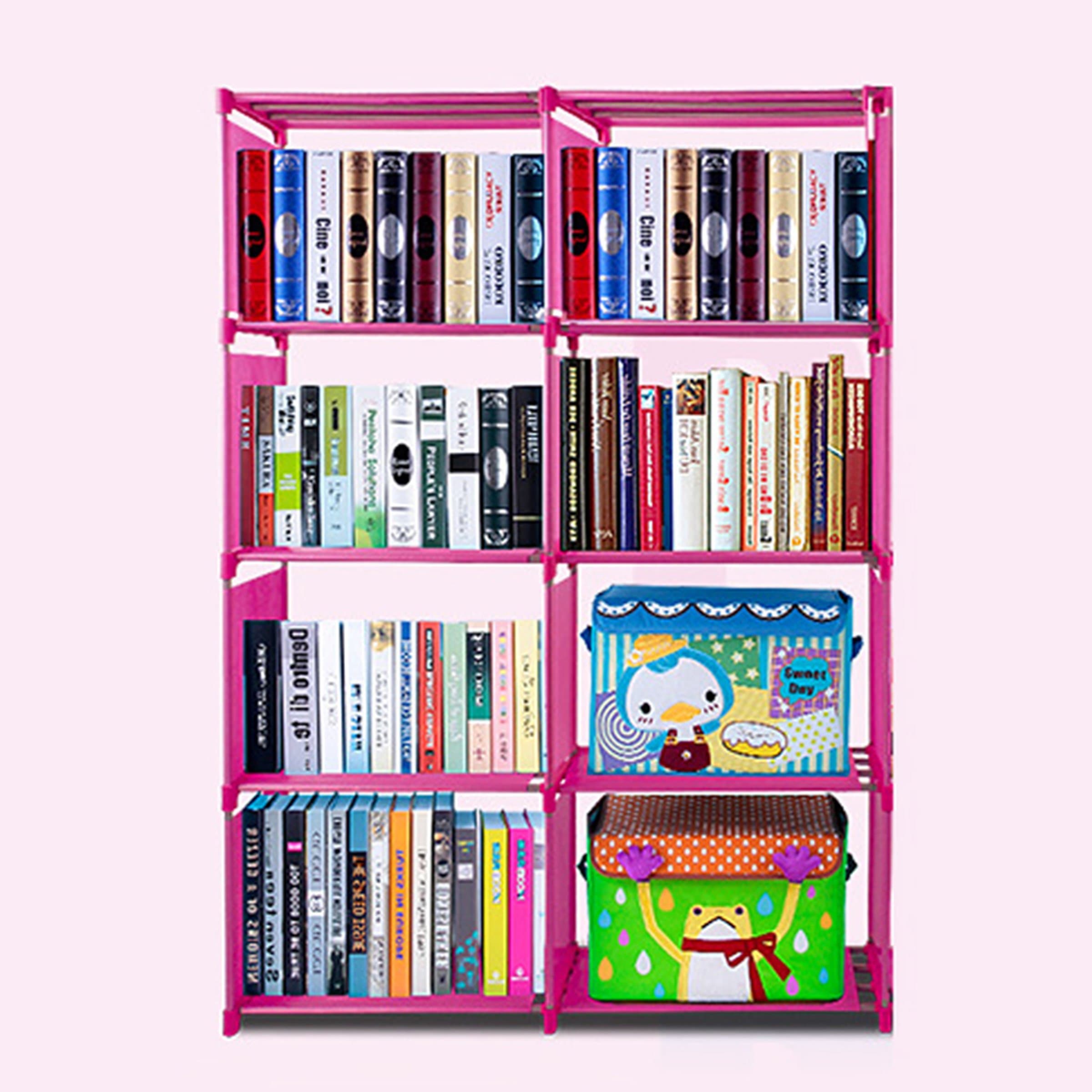 Wakrays 4-Shelf Portable Bookcase Storage Adjustable Space Saving Bookshelf (Pink)
